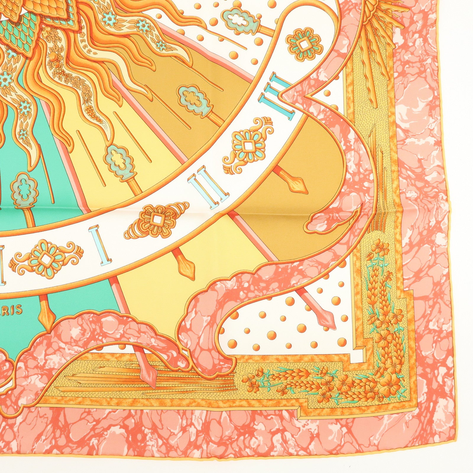 HERMES Carre 90 Silk 100% Scarf CARPE DIEM Pink White