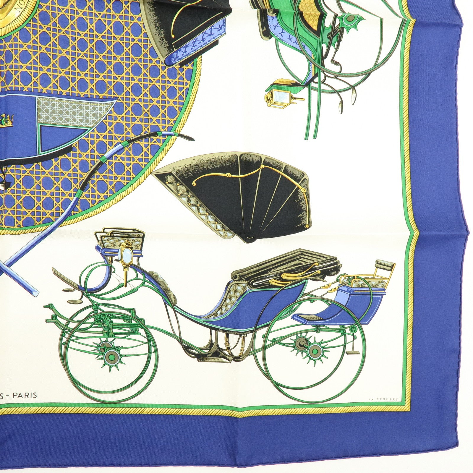 HERMES Carre 90 Silk 100% LES VOITURES A TRANSFORMATION Scarf Blue