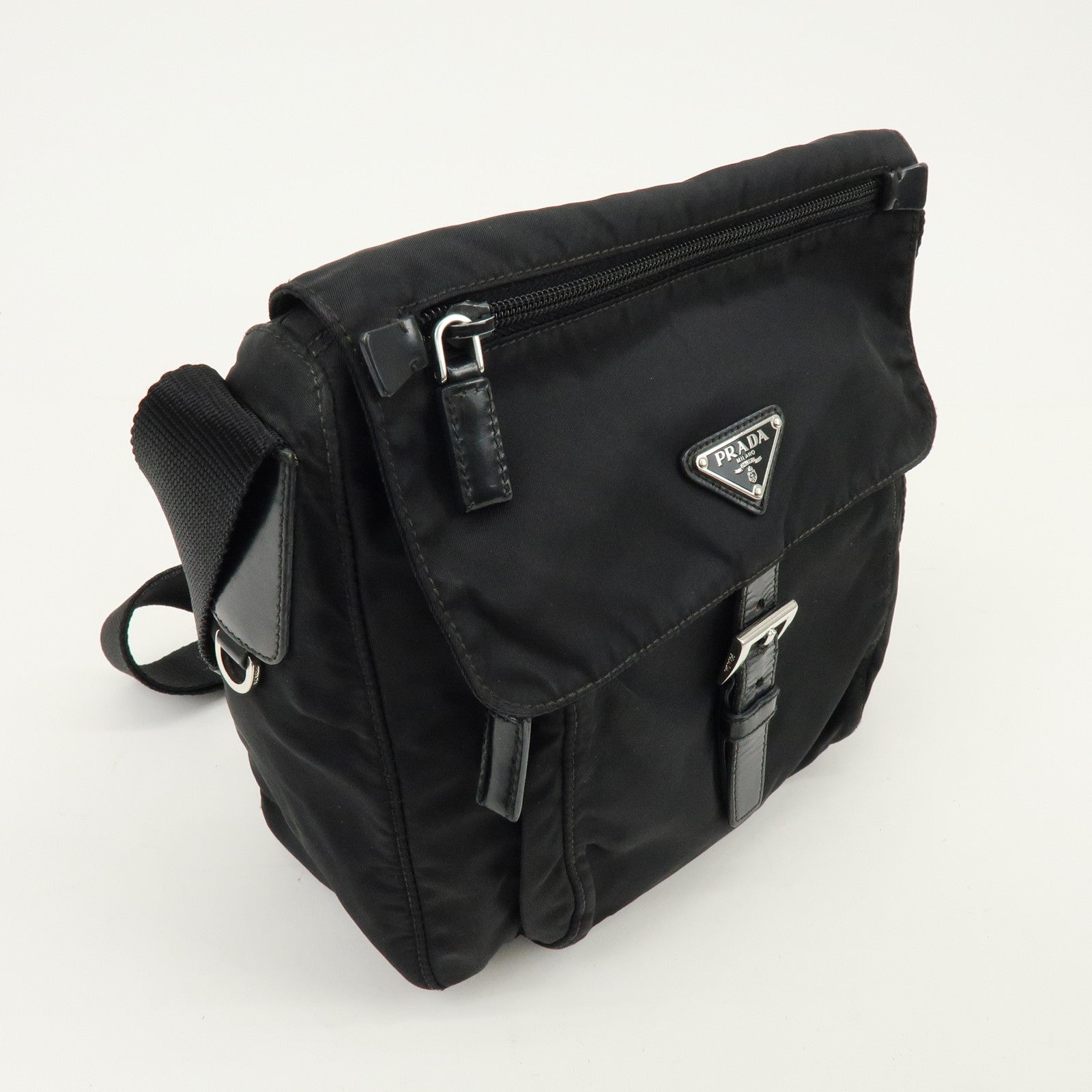 PRADA Triangle Logo Nylon Leather Shoulder Bag Crossbody Bag Black