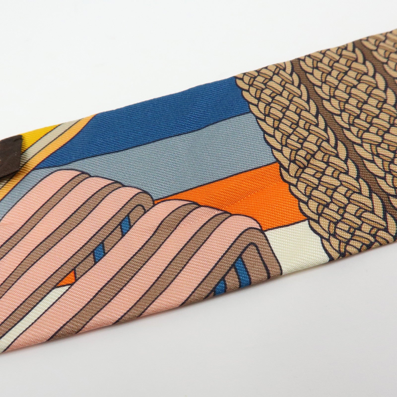 HERMES 100% Silk Twilly Scarf Sangles en Zigzag Orange Blue Ivory