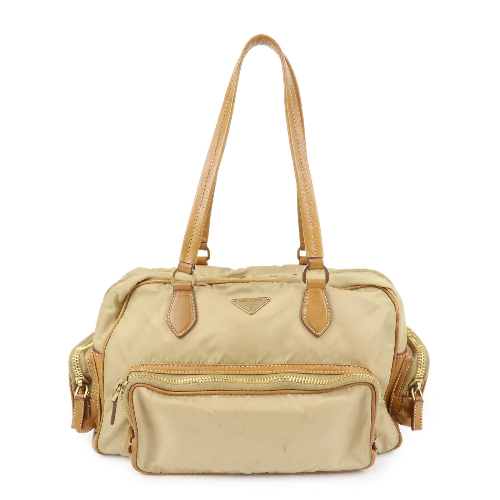 PRADA Triangle Logo Nylon Leather Shoulder Hand Bag Beige Brown