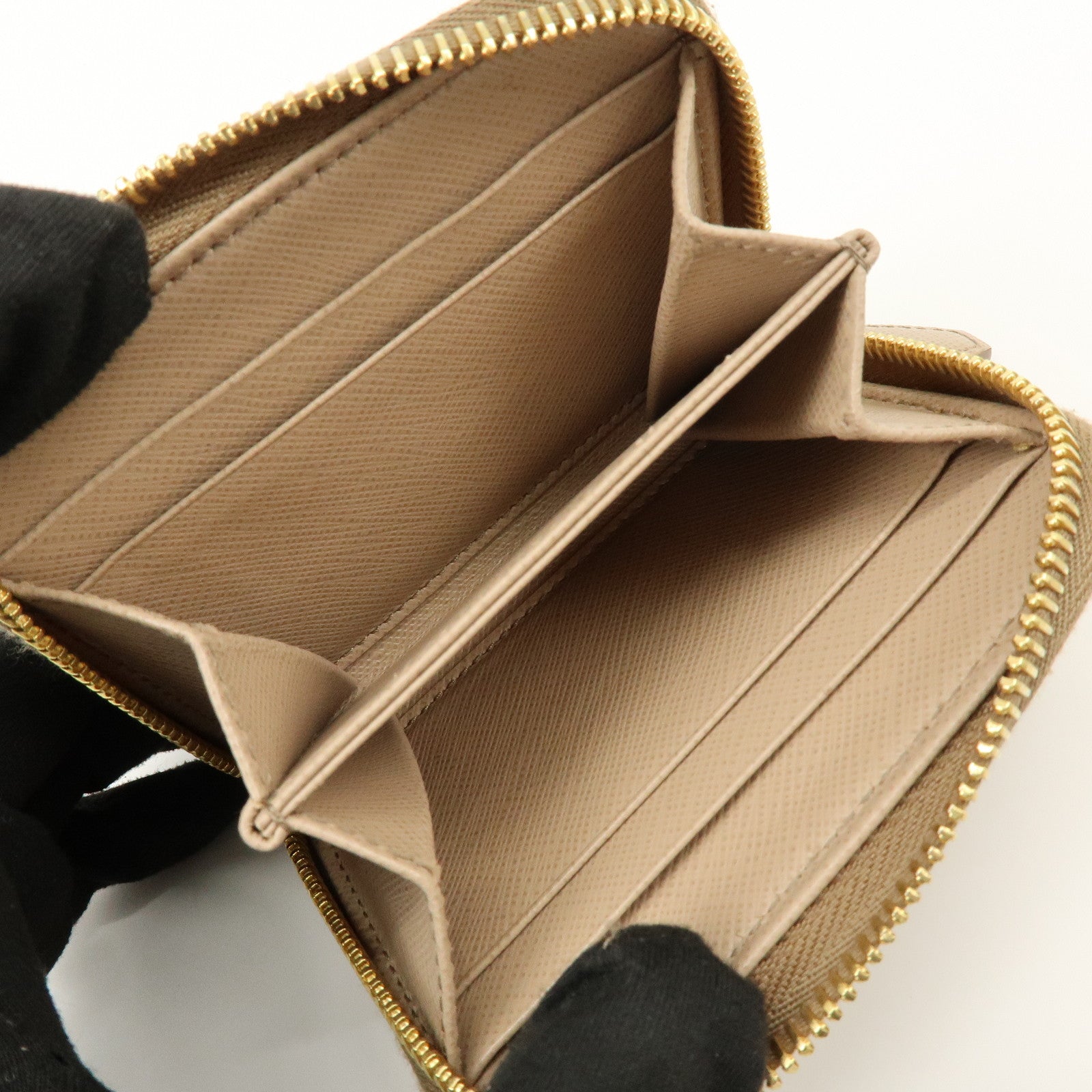 PRADA Triangle Logo Saffiano Leather Coin Case Beige 2MM003