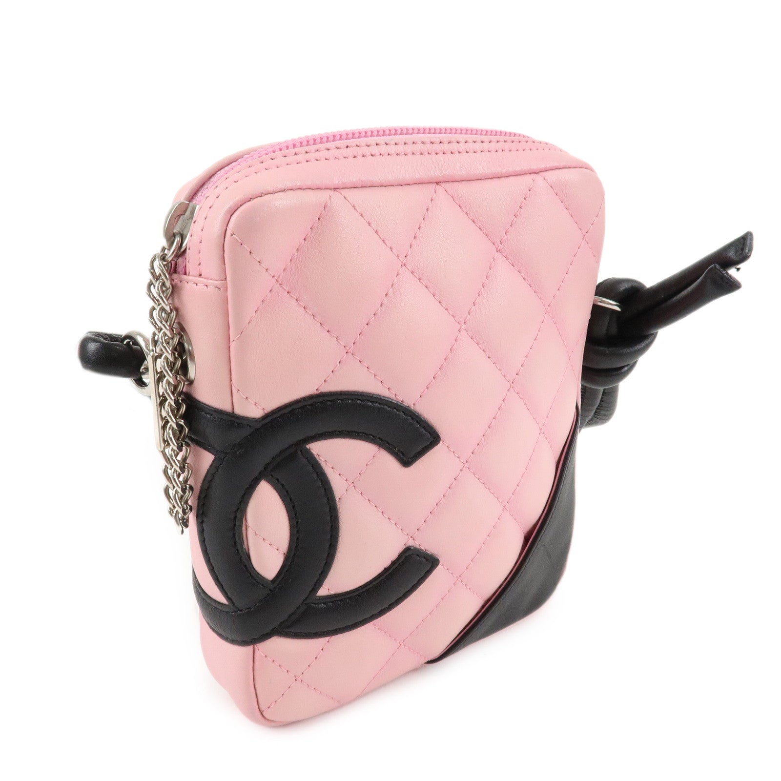 CHANEL Cambon Lamb Skin Small Pochette Shoulder Bag Pink Black A25177 Used