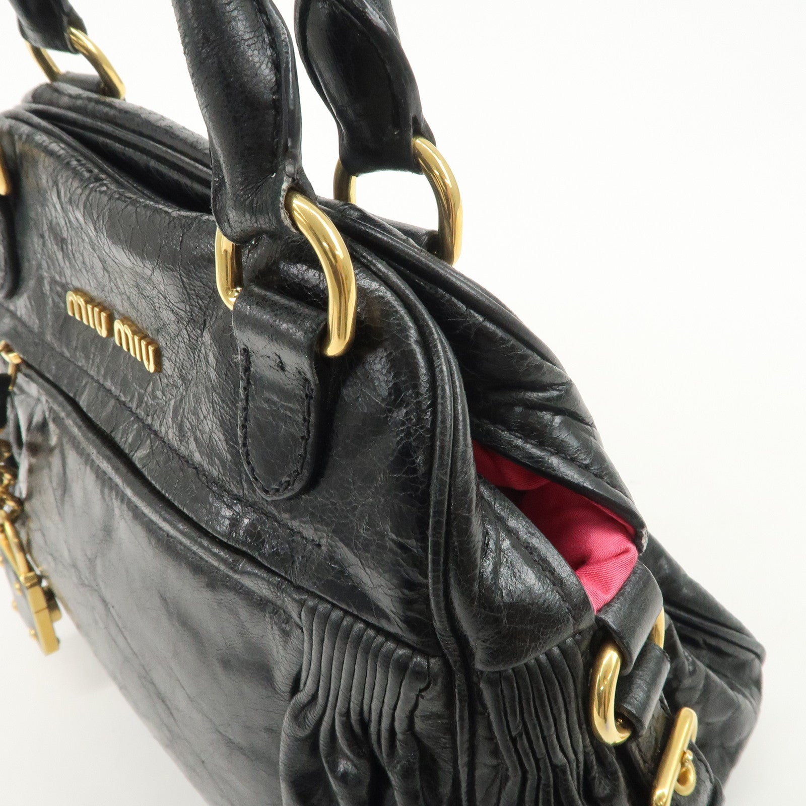 MIU MIU Leather 2Way Bag Hand Bag Shoulder Bag Black RR1424 Used