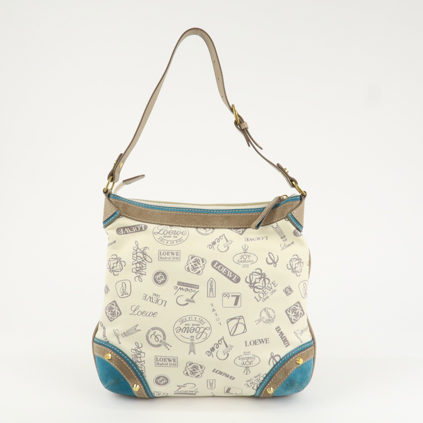 LOEWE Anagram Canvas Suede Leather Shoulder Bag Beige Blue Used