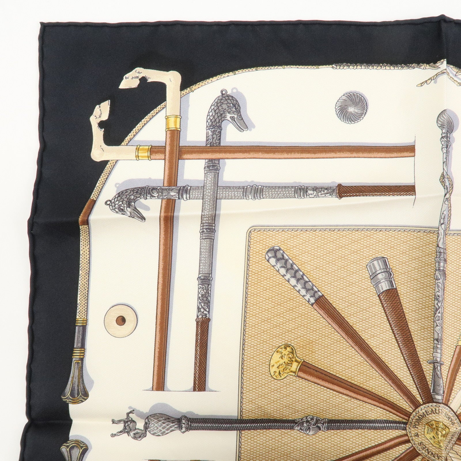 HERMES Carre 45 Silk 100% Scarf Cannes et Pommeaux Black White