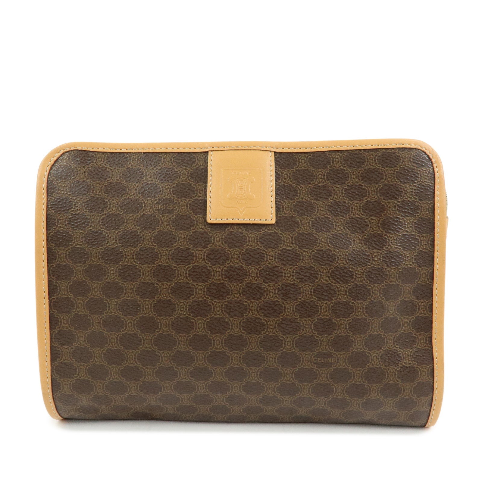 CELINE Macadam PVC Coated Canvas Leather Clutch Bag Pouch Brown