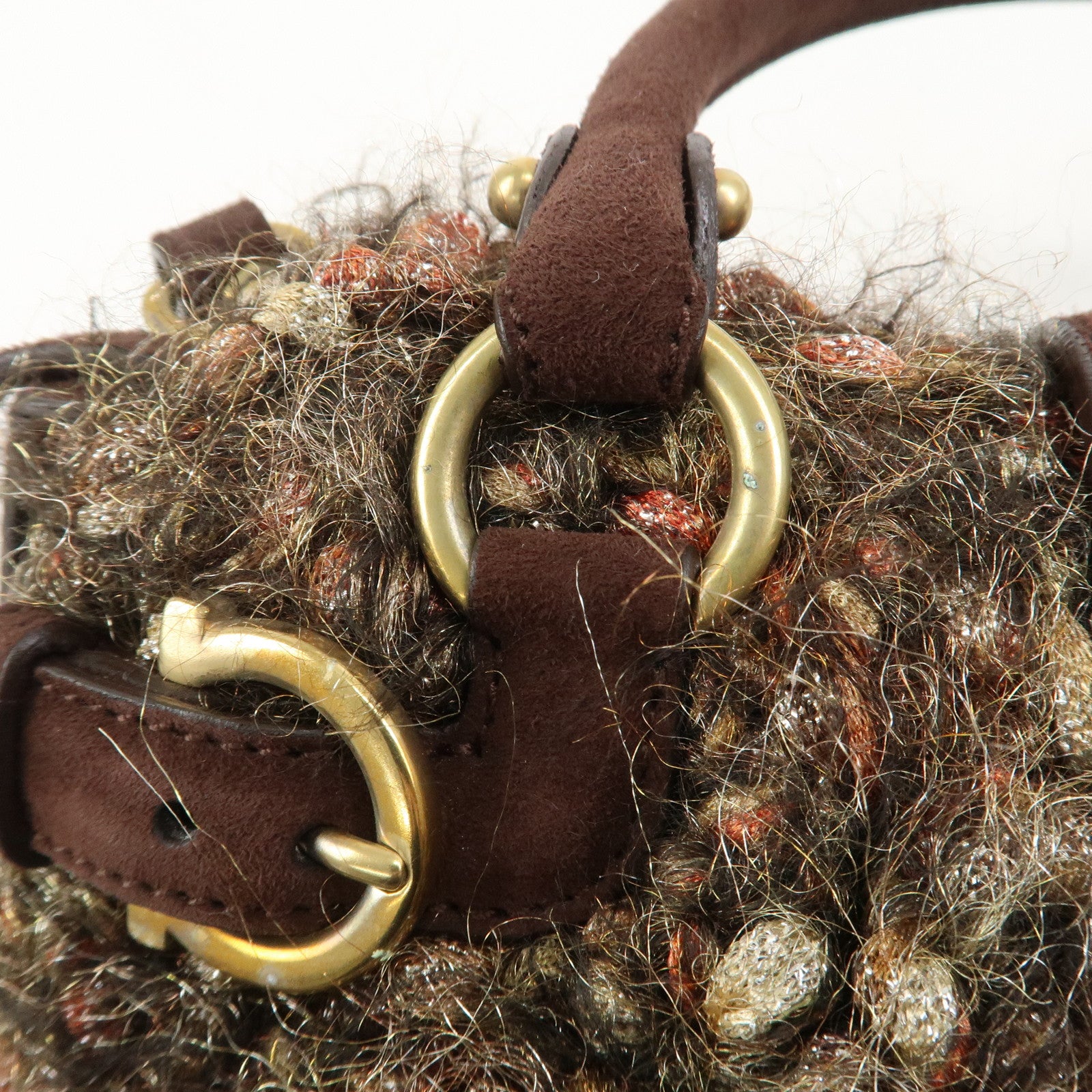 Ferragamo Gancini Wool Suede 2Way Bag Hand Bag Shoulder Bag Brown