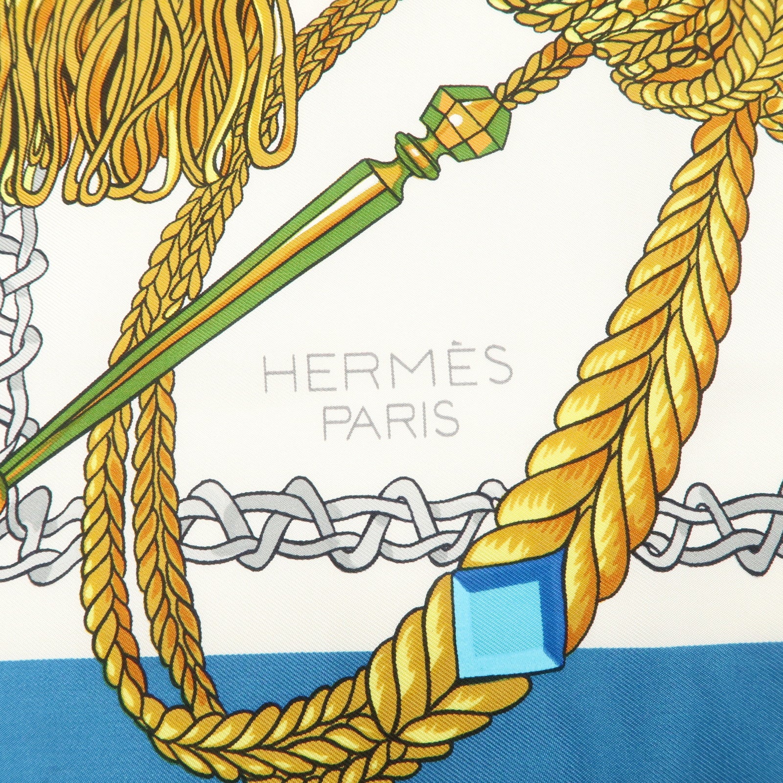 HERMES Carre 90 Silk 100% Scarf Le Timbalier Blue Gold