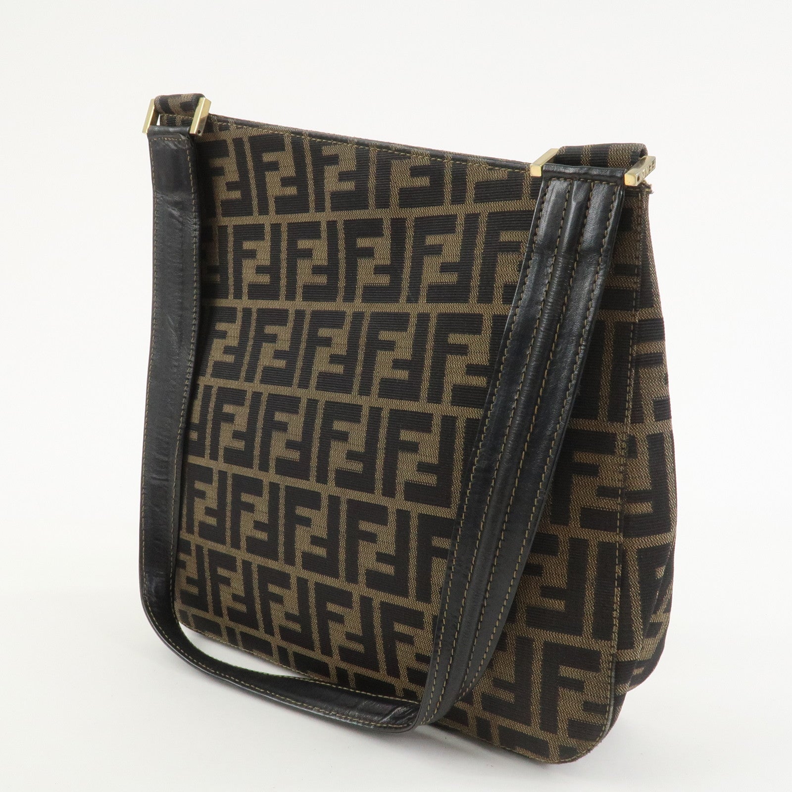 FENDI Zucca Canvas Leather Shoulder Bag Hand Bag Brown Black
