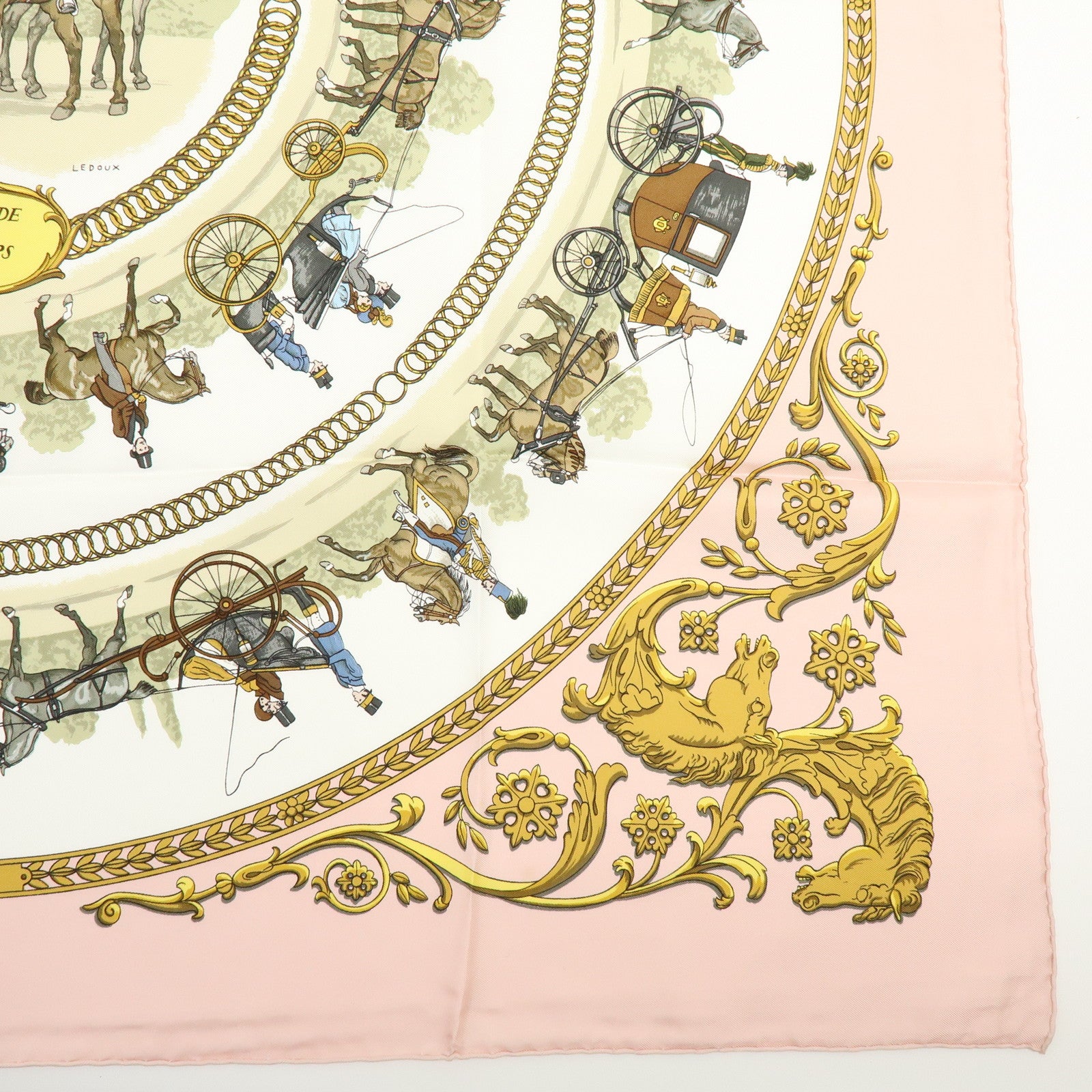 HERMES Carre 90 Silk 100% Scarf LA PROMENADE DE LONGCHAMPS Pink