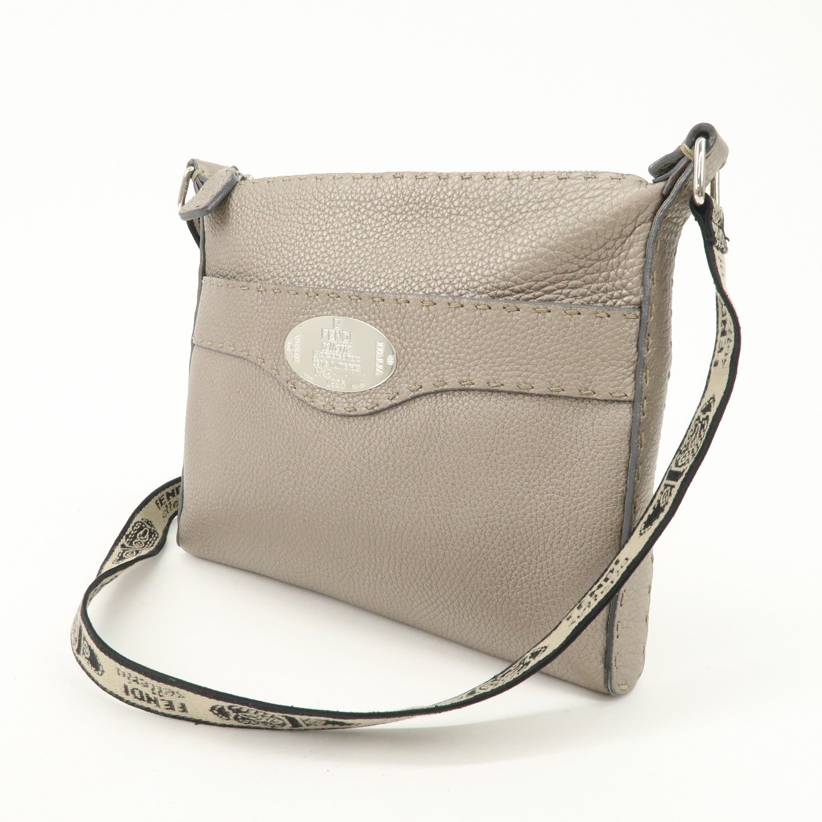 FENDI Selleria Leather Shoulder Crossbody Bag Metallic Gray 8BT092
