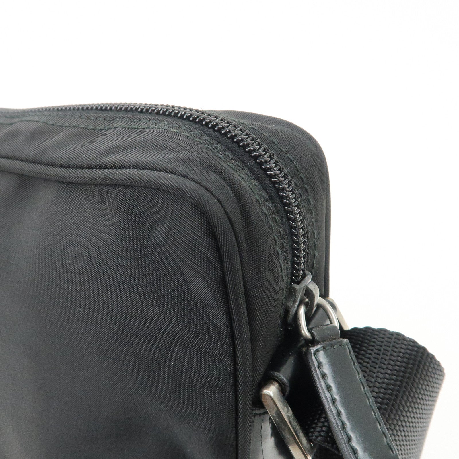 PRADA Triangle Logo Leather Nylon Shoulder Bag Black BT0169