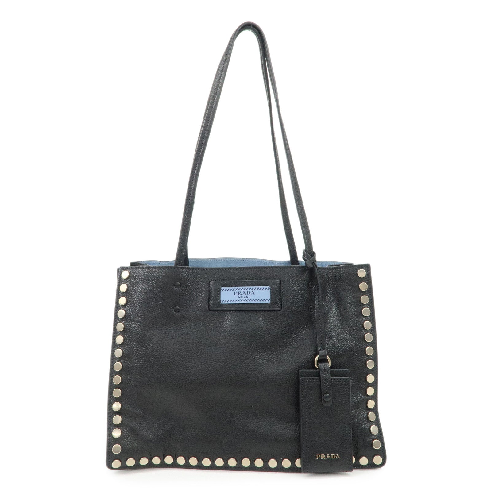 PRADA Logo Etiquette Leather Tote Bag Studs Black 1BG121
