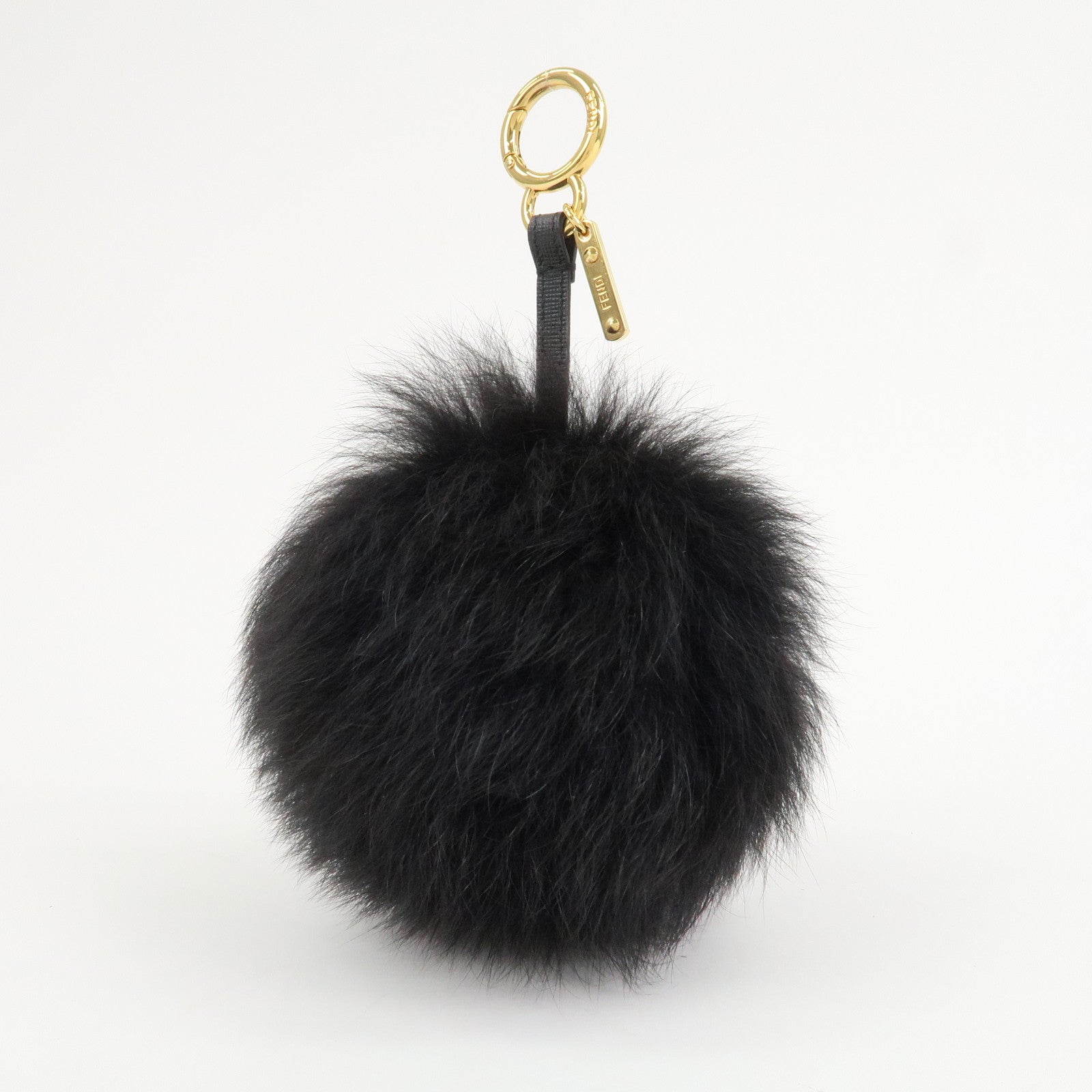 FENDI Fur Leather Pom Pom Bag Charm Key Chain Black