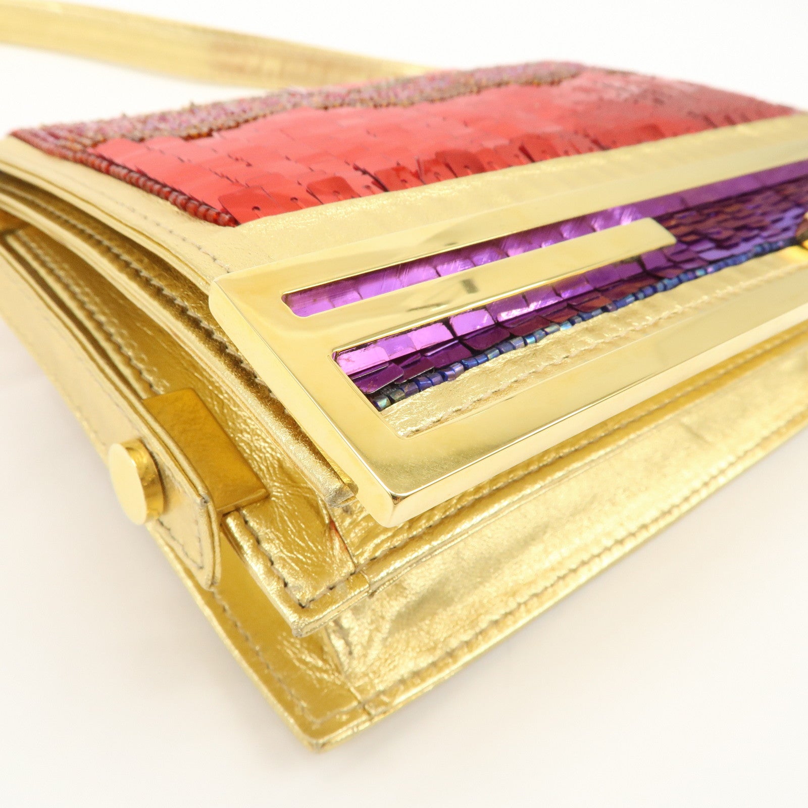 FENDI Leather Sequin Shoulder Bag Crossbody Bag Gold Red Purple