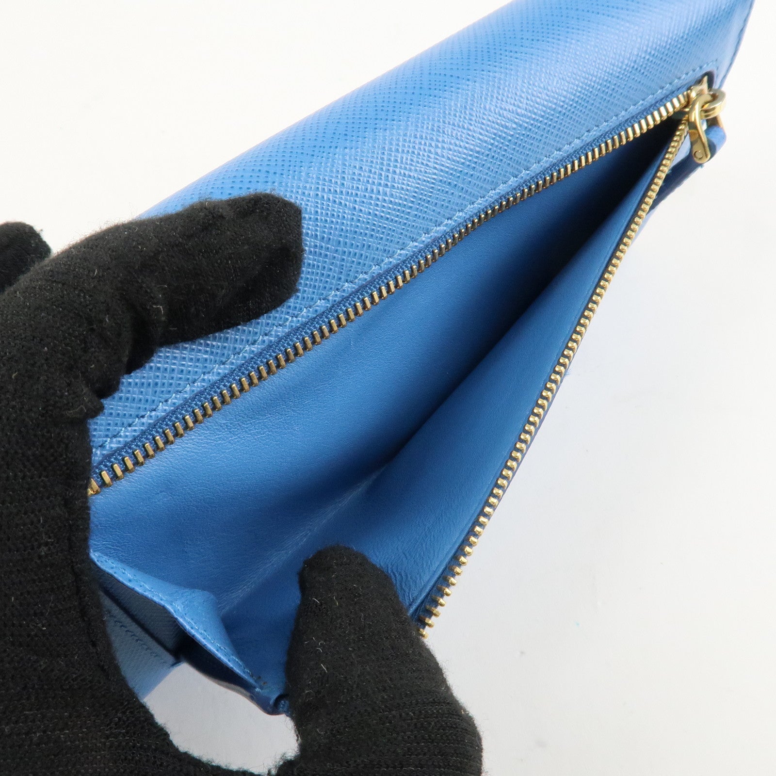 PRADA Saffiano Leather Bi-Fold Long Wallet Blue Gold HDW 1MH132 Used