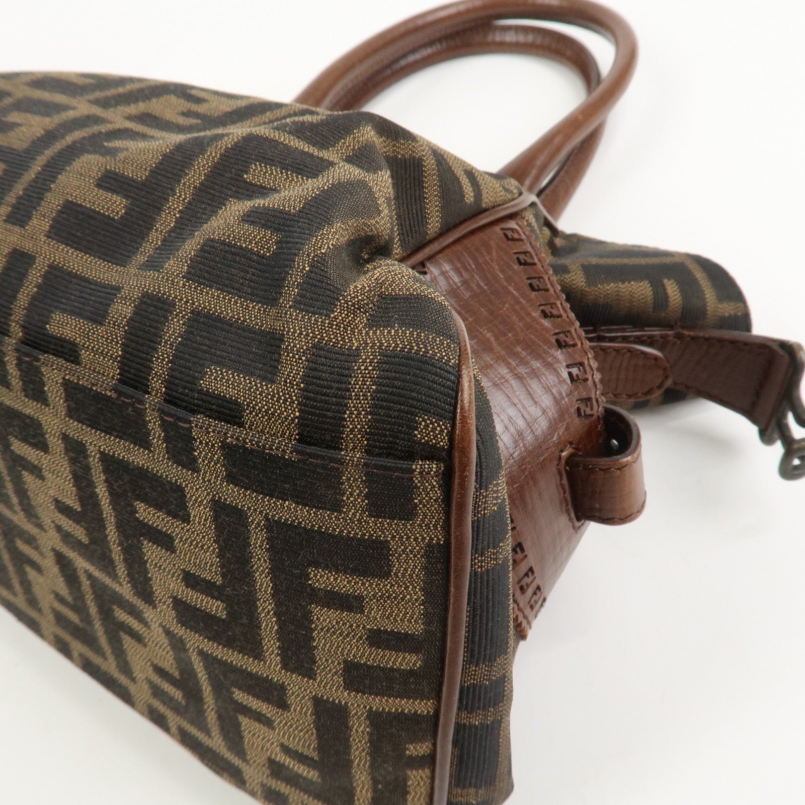 FENDI Etnico Zucca Canvas Leather Shoulder Bag Brown Black 8BN157