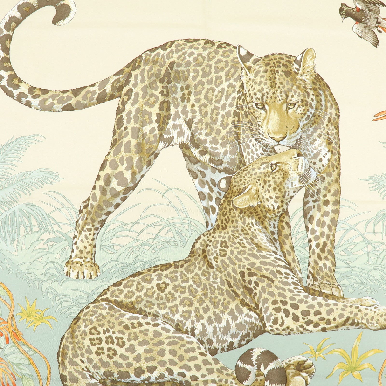 HERMES Carre 90 Silk 100% Scarf JUNGLE LOVE Light Green Ivory