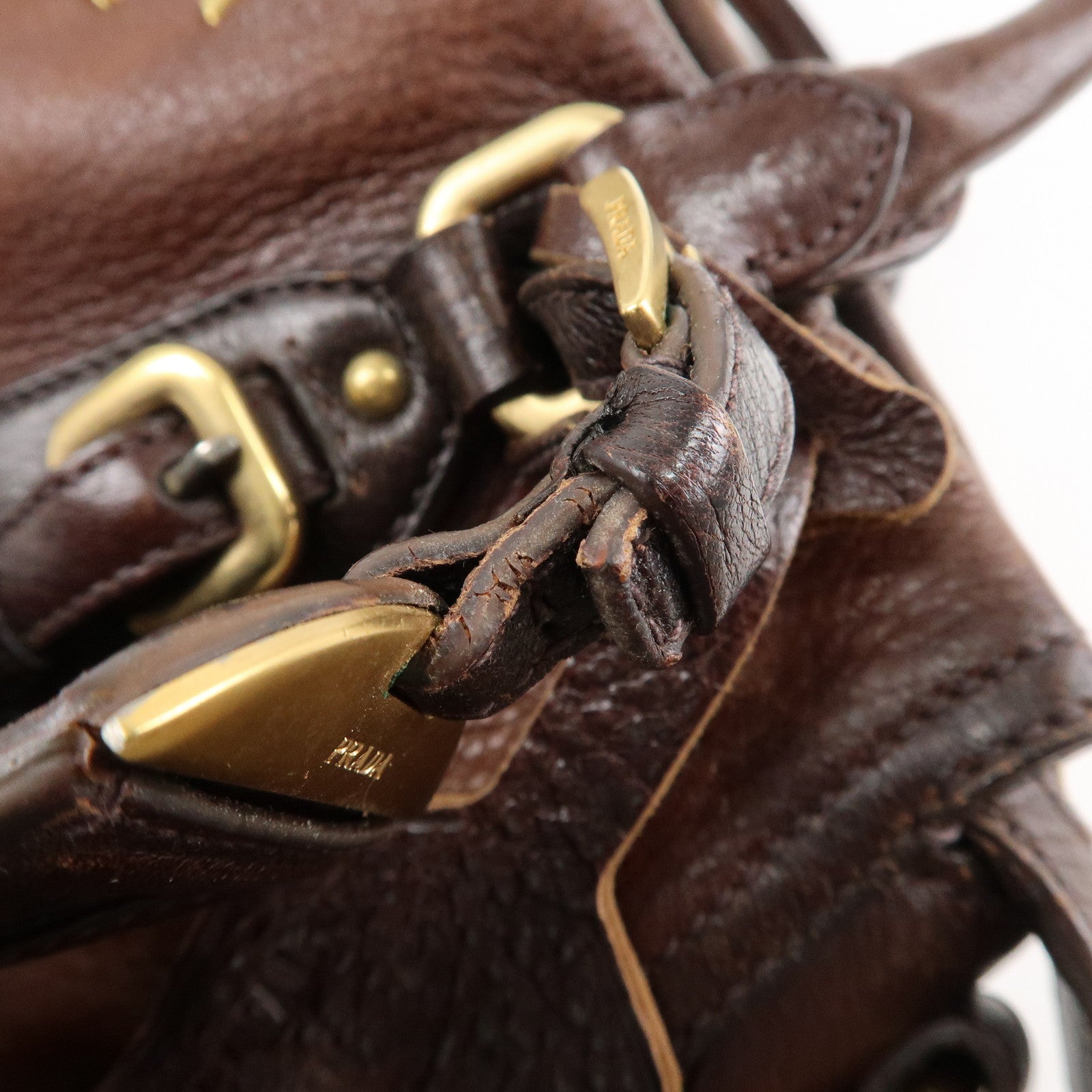 PRADA Logo Leather 2WAY Tote Bag Hand Bag Brown Gold Hardware Used