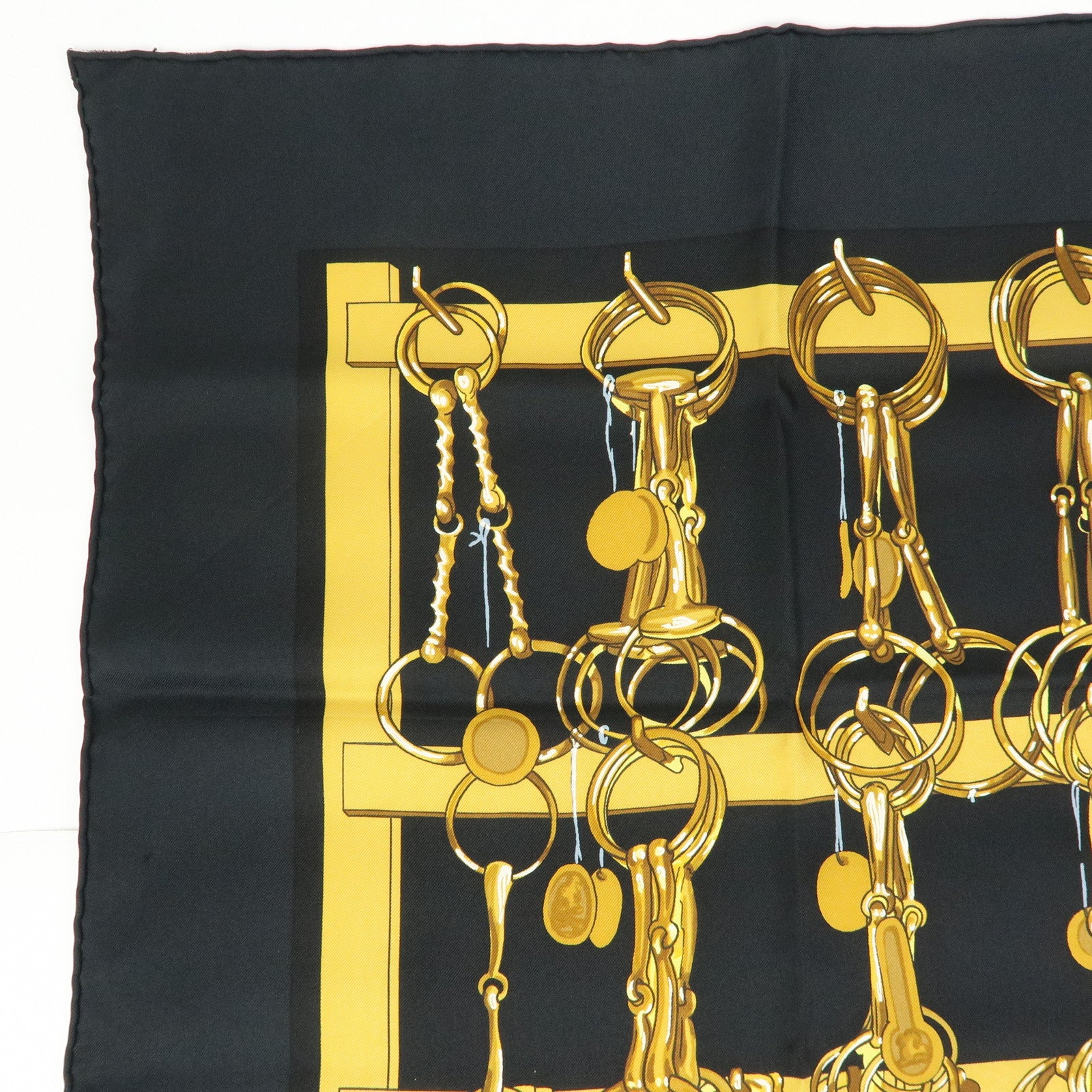 HERMES Carre 90 Silk 100% Scarf MORS&FILETS Black Yellow