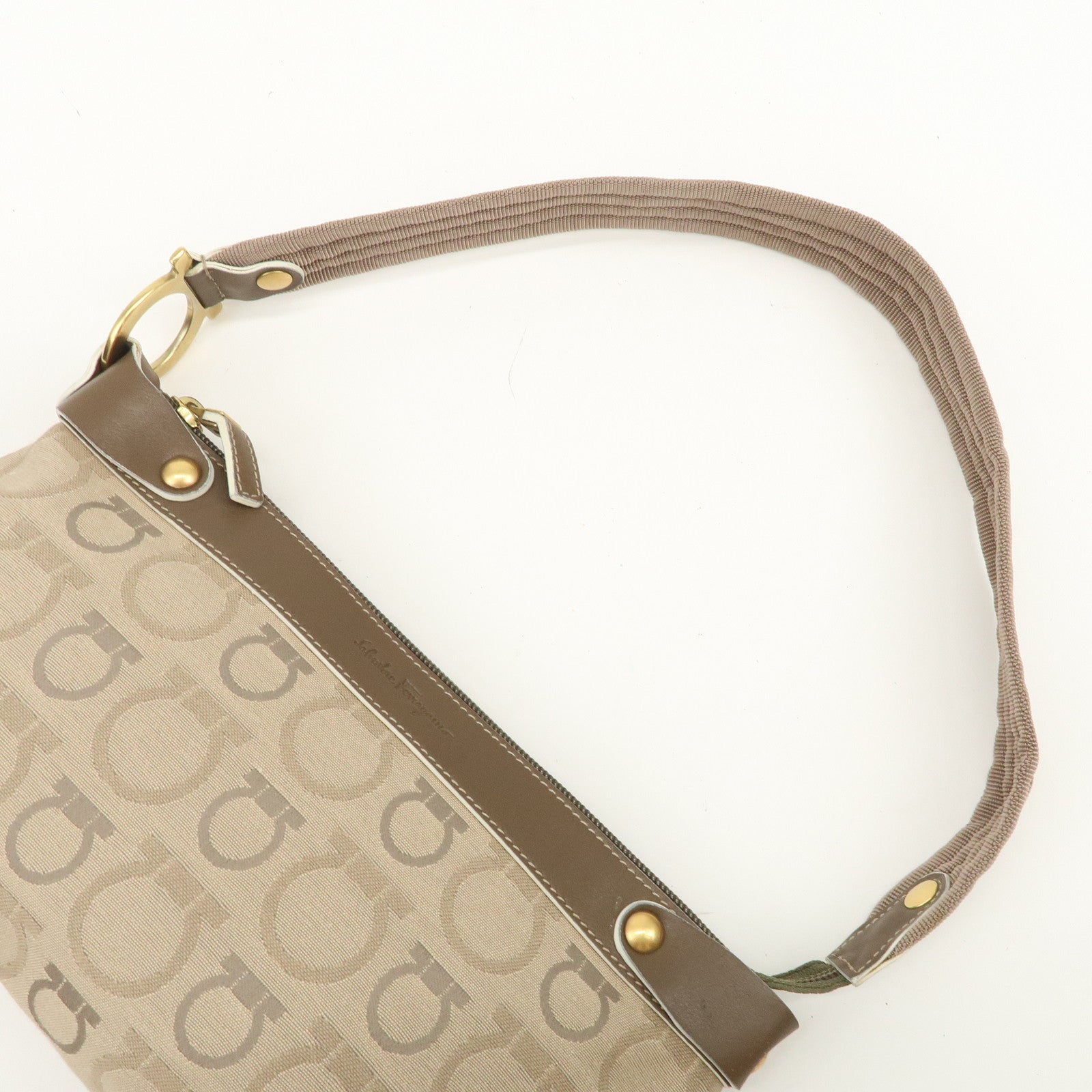 Ferragamo Gancini Canvas Leather Shoulder Bag Hand Bag Beige Brown