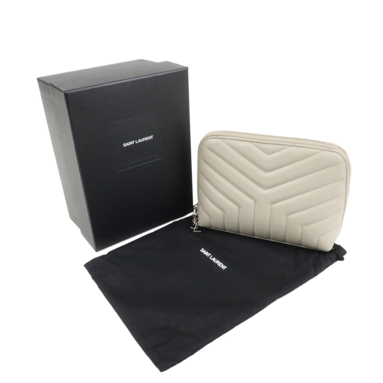 SAINT LAURENT Leather Pouch Cosmetic Pouch Light Grey
