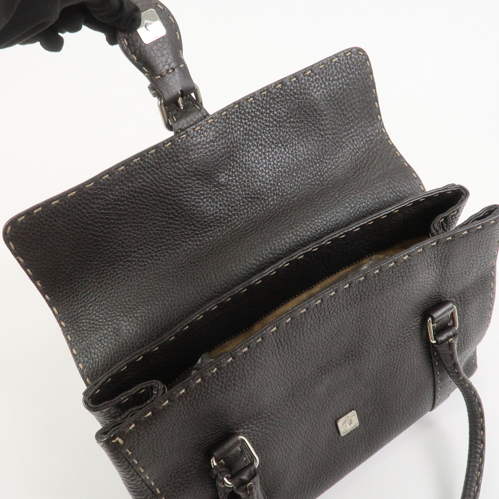 FENDI Selleria Leather Hand Bag Shoulder Bag Brown 8BR656