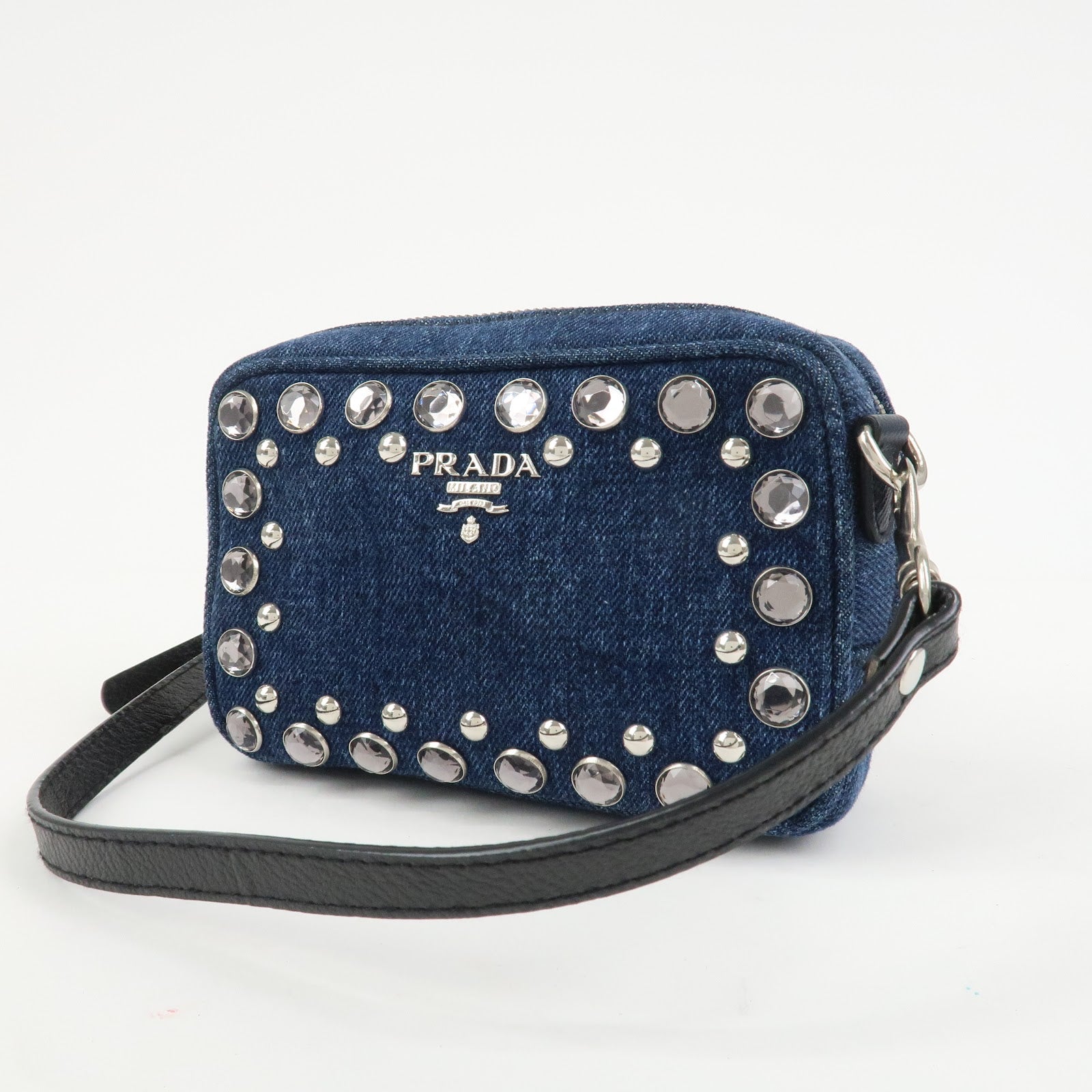 PRADA Logo Denim Leather Mini Shoulder Bag Camera Bag 1N1674