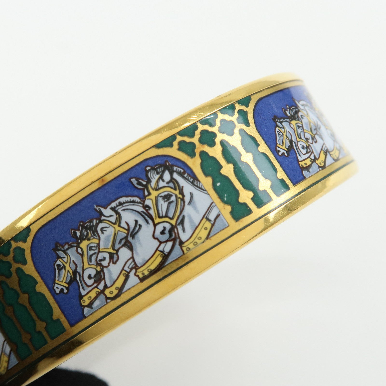 HERMES Email GM Gold Plated Bangle Bracelet Horse Blue Gold