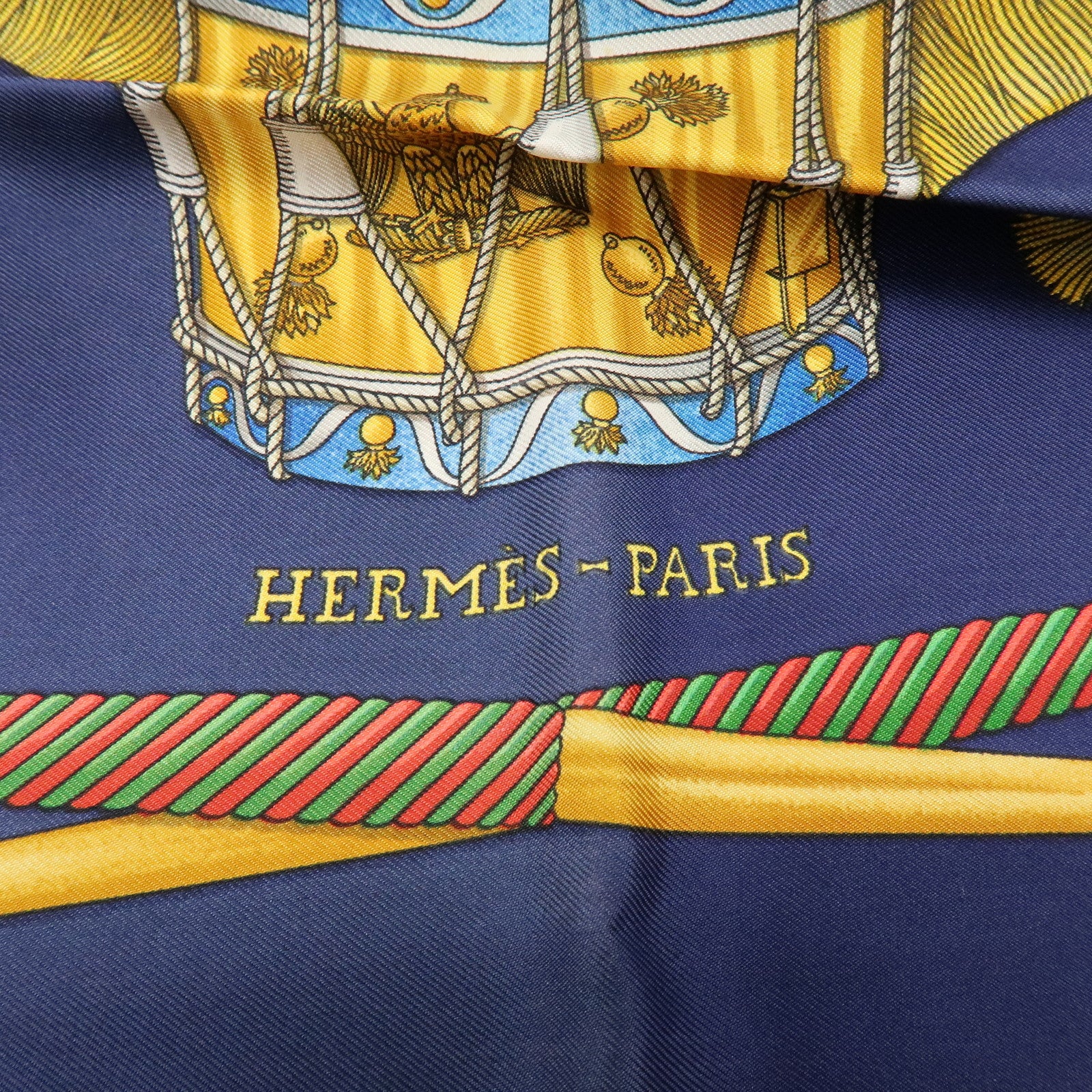 HERMES Carre 90 Silk 100% Scarf LES TAMBOURS Navy Gold