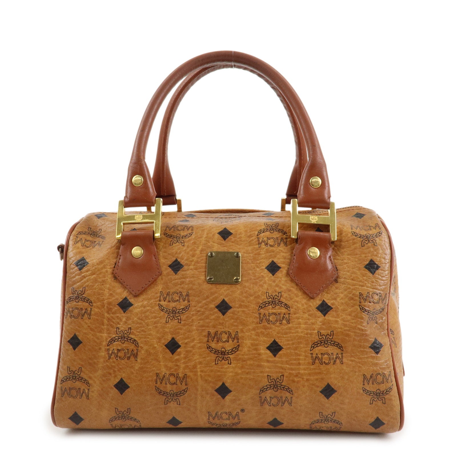 MCM Visetos Leather Boston Bag Hand Bag Brown Gold Hardware Used