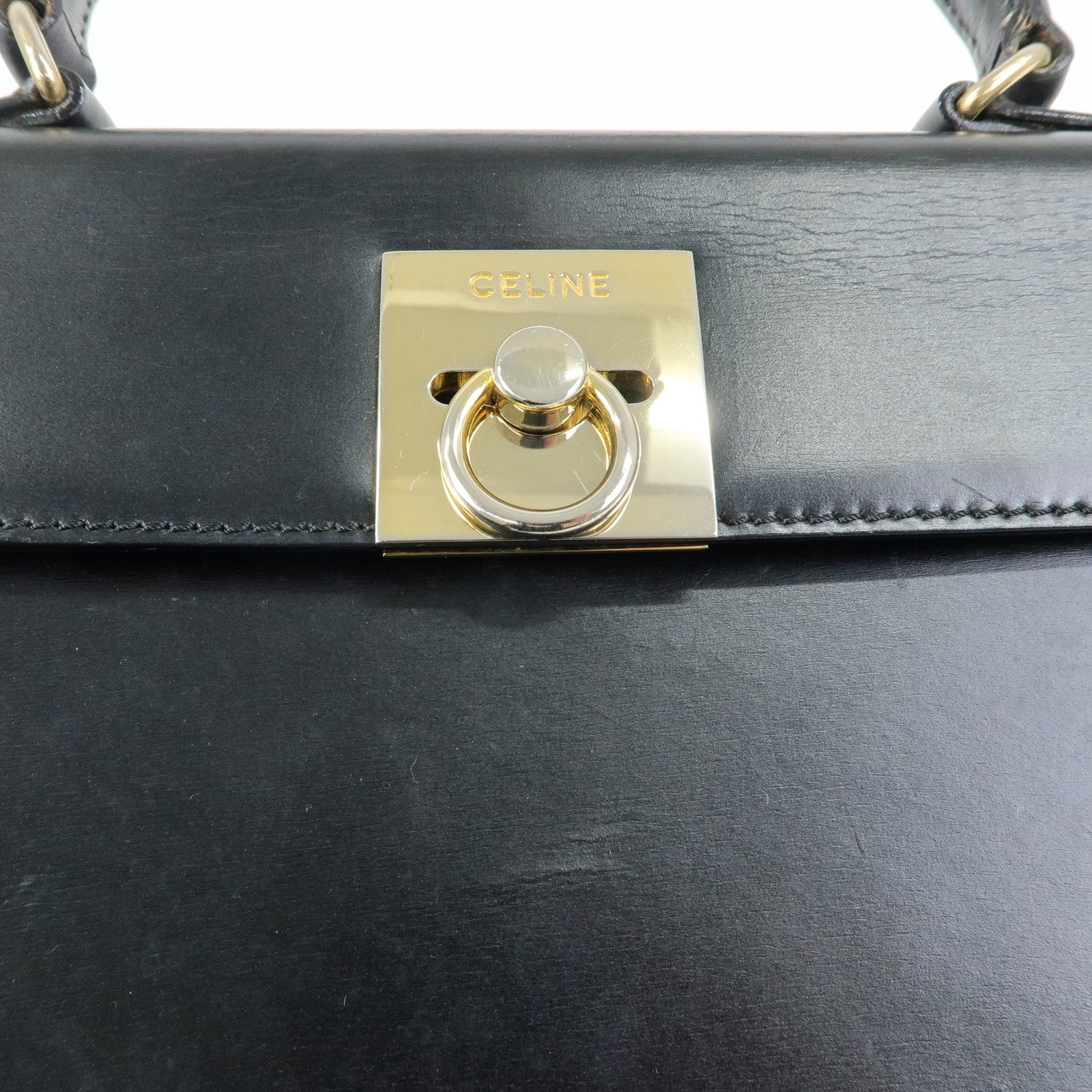 CELINE Leather Top Handle 2Way Hand Bag Shoulder Bag Black