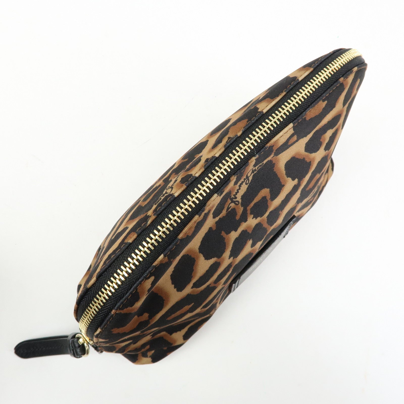JIMMY CHOO Nylon Leather Leopard Clutch Pouch Makeup Bag Brown