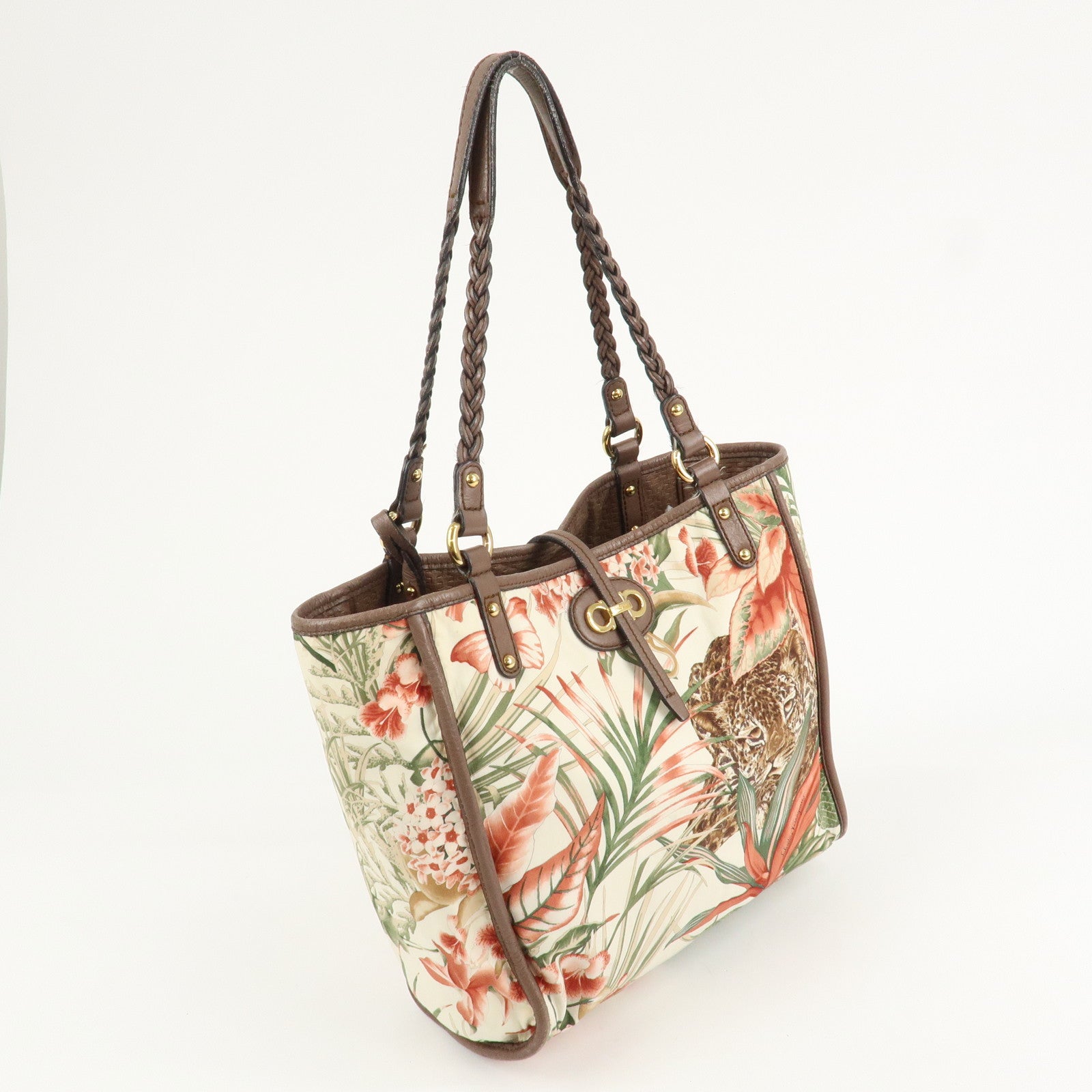 Ferragamo Gancini Leather Nylon Tote Bag Ivory Multicolor