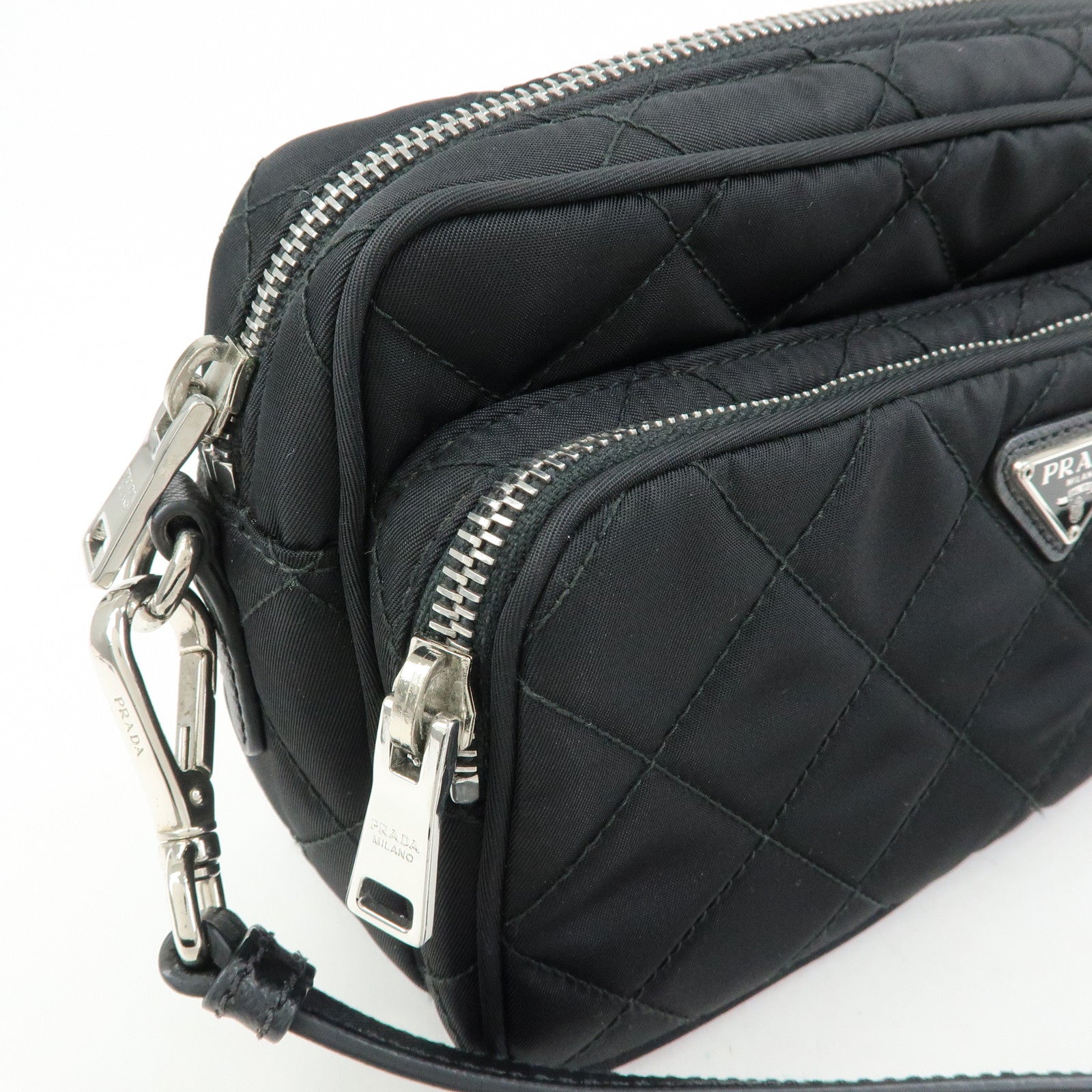PRADA Triangle Logo Nylon Leather Quilt Shoulder Bag Black BT1027