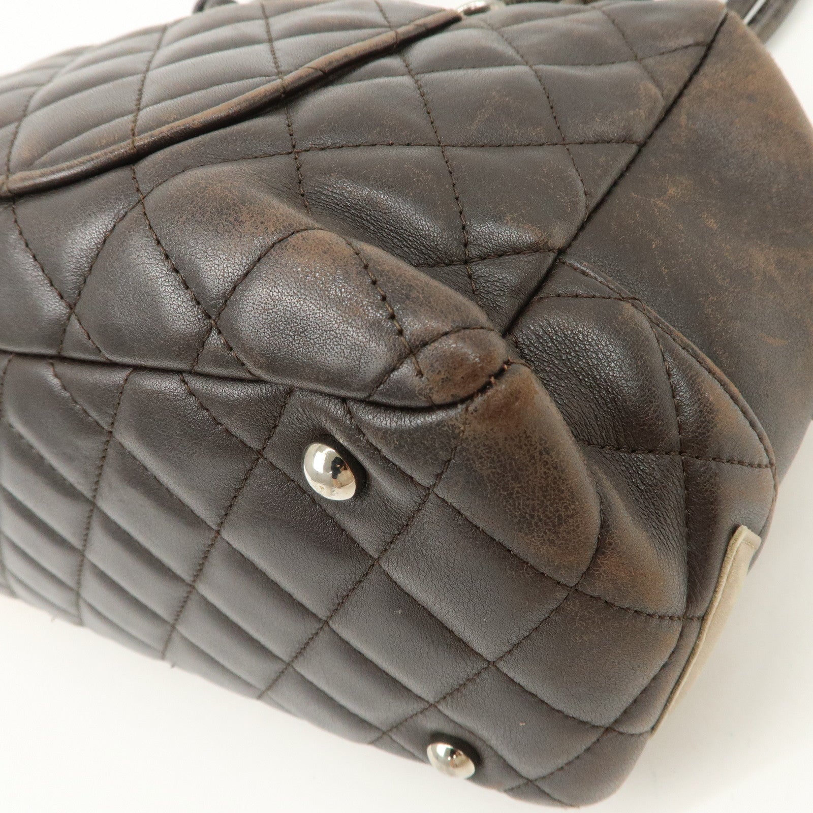 CHANEL Cambon Line Lamb Skin Bowling Bag Hand Bag Brown A25171 Used