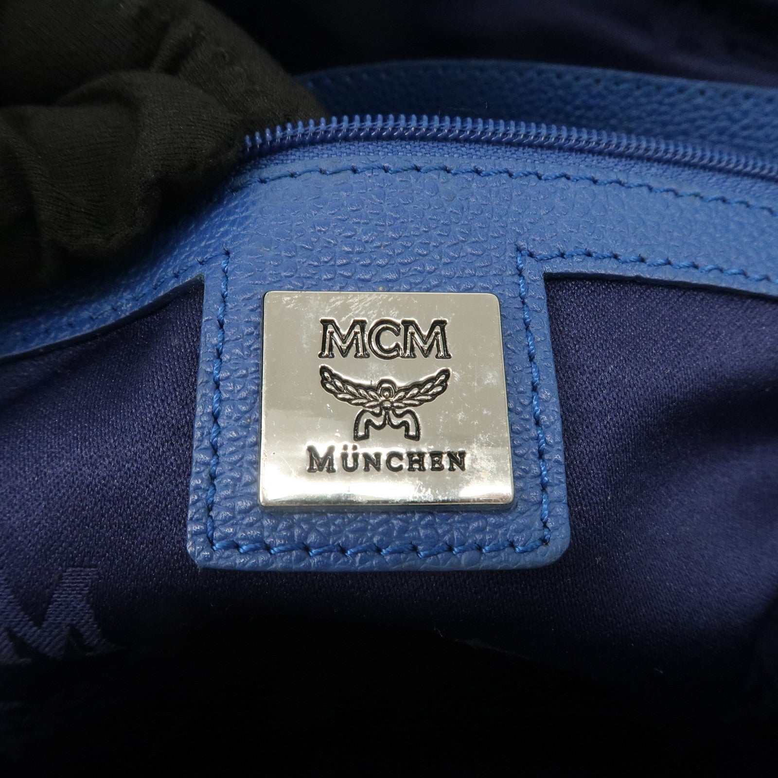 MCM Logo Leather Hand Bag Silver Studs Blue
