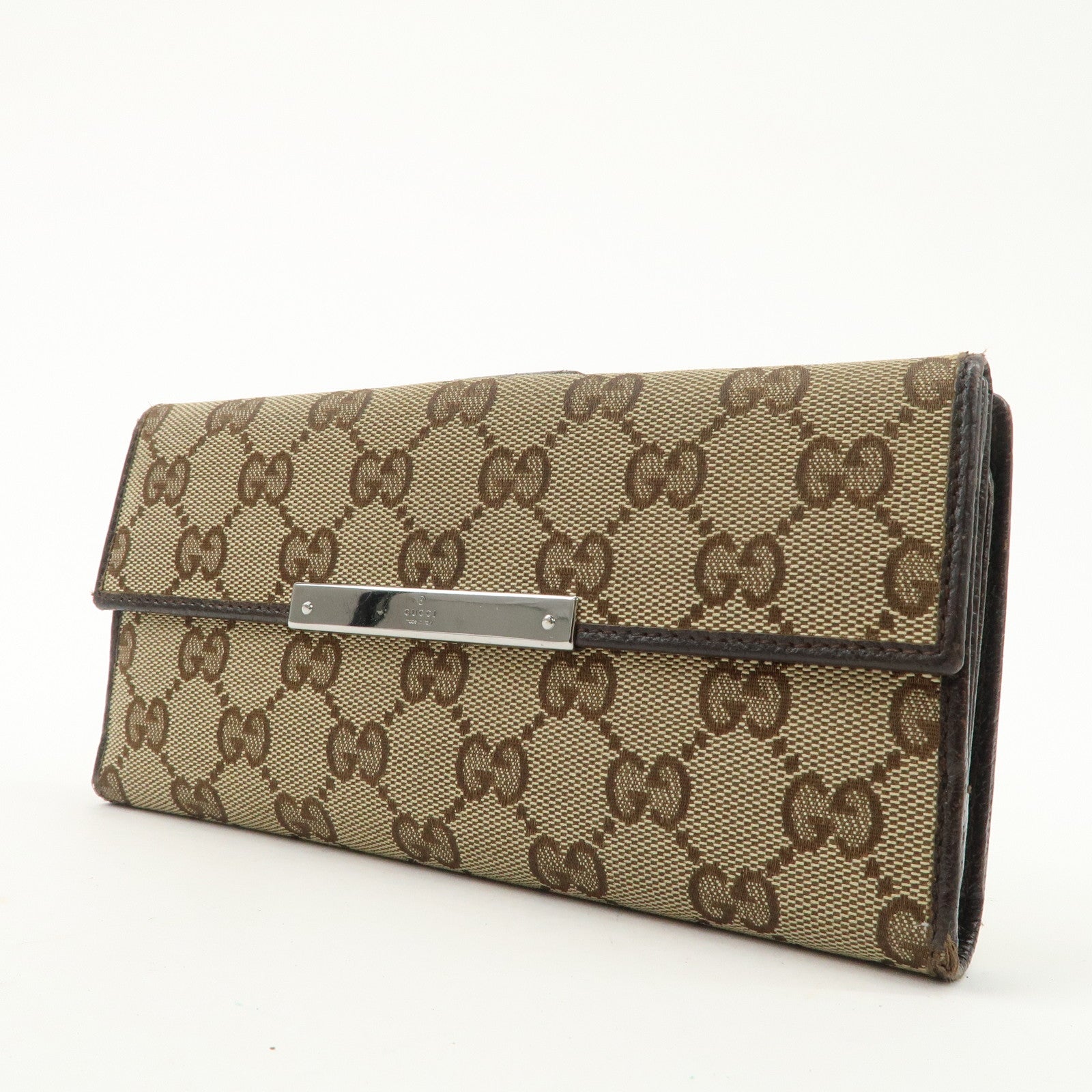 GUCCI GG Canvas Leather Bi-fold Long Wallet Dark Brown 112715 Used