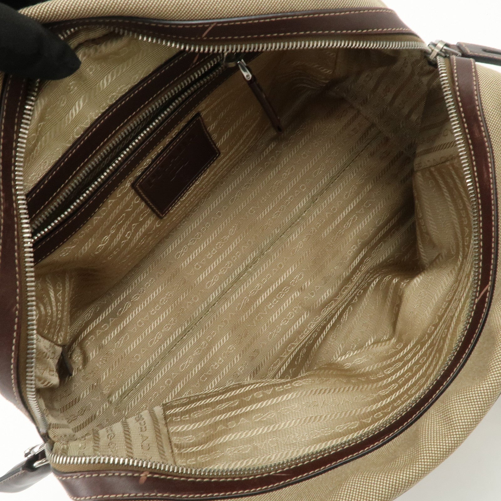 PRADA Logo Jacquard Leather Boston Bag Shoulder Bag Beige BL0260 Used