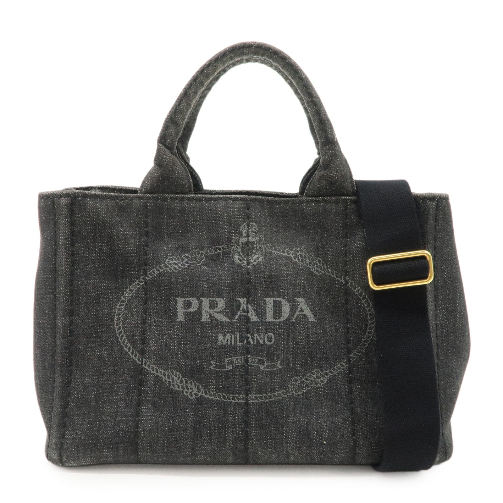 PRADA Logo Canapa Mini Denim 2Way Tote Bag Gray Gold HDW 1BG439 Used