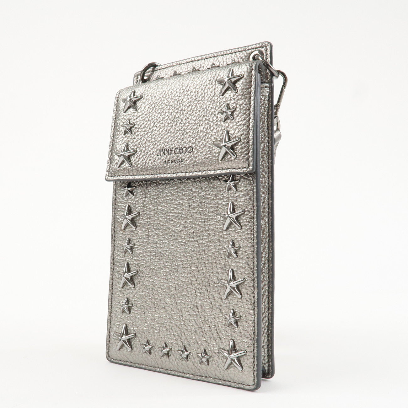 JIMMY CHOO Leather Star Studs Cell Phone Folder Shoulder Bag Silver Used