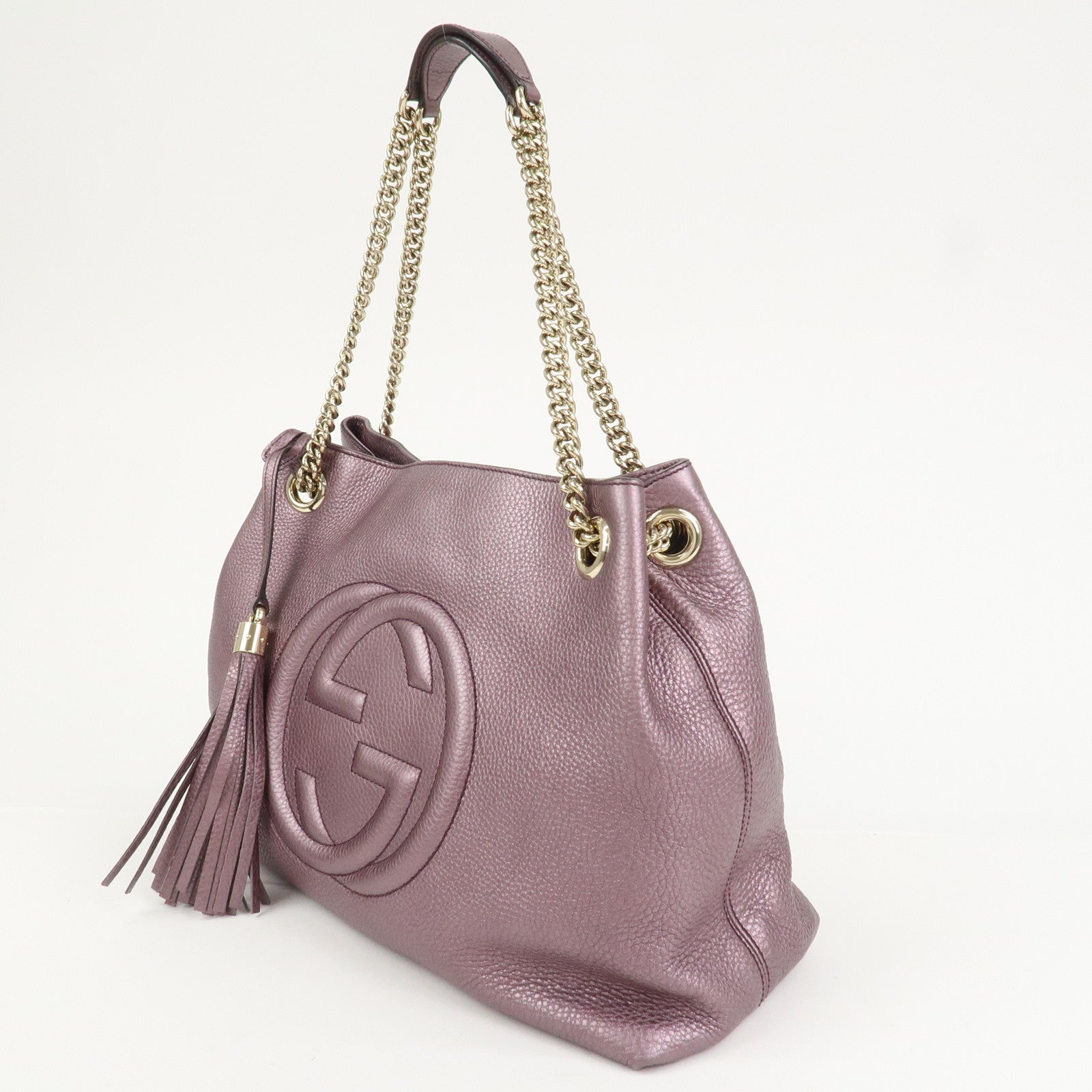 GUCCI SOHO Logo Leather Chain Shoulder Bag Metallic Purple 308982