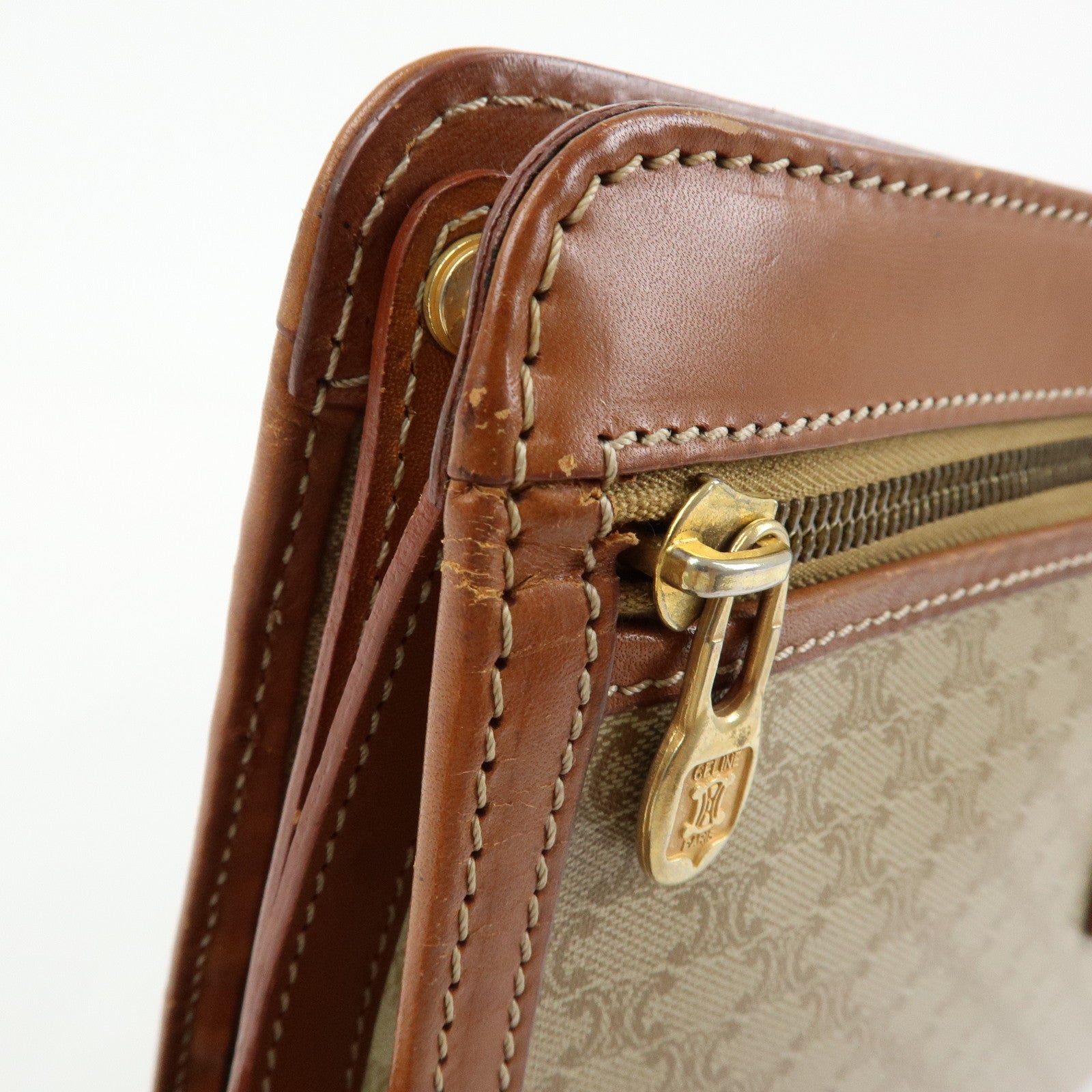 CELINE Macadam PVC Leather Clutch Bag Pouch Beige Brown