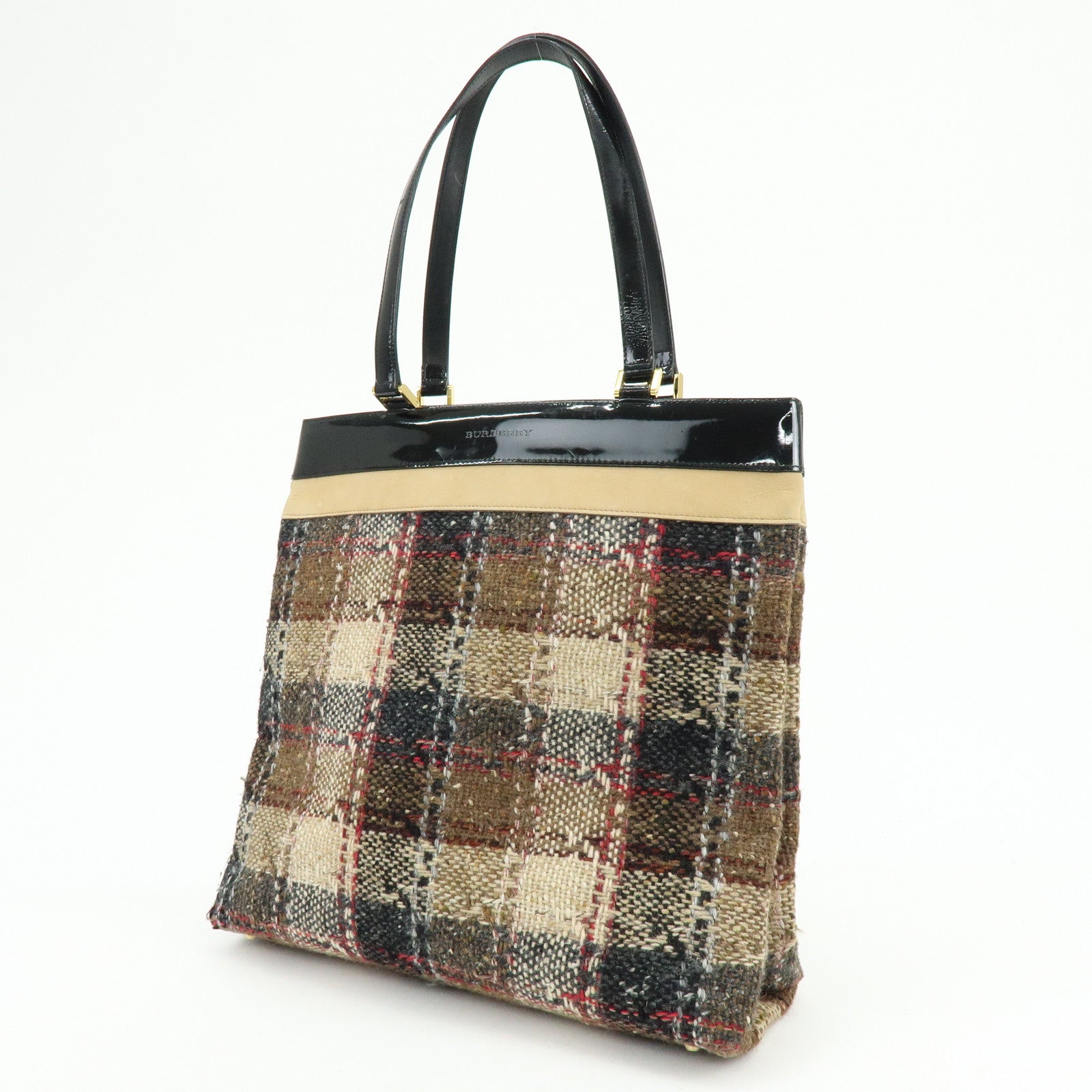 BURBERRY Tweed Patend leaether Suede Tote Bag Beige Black