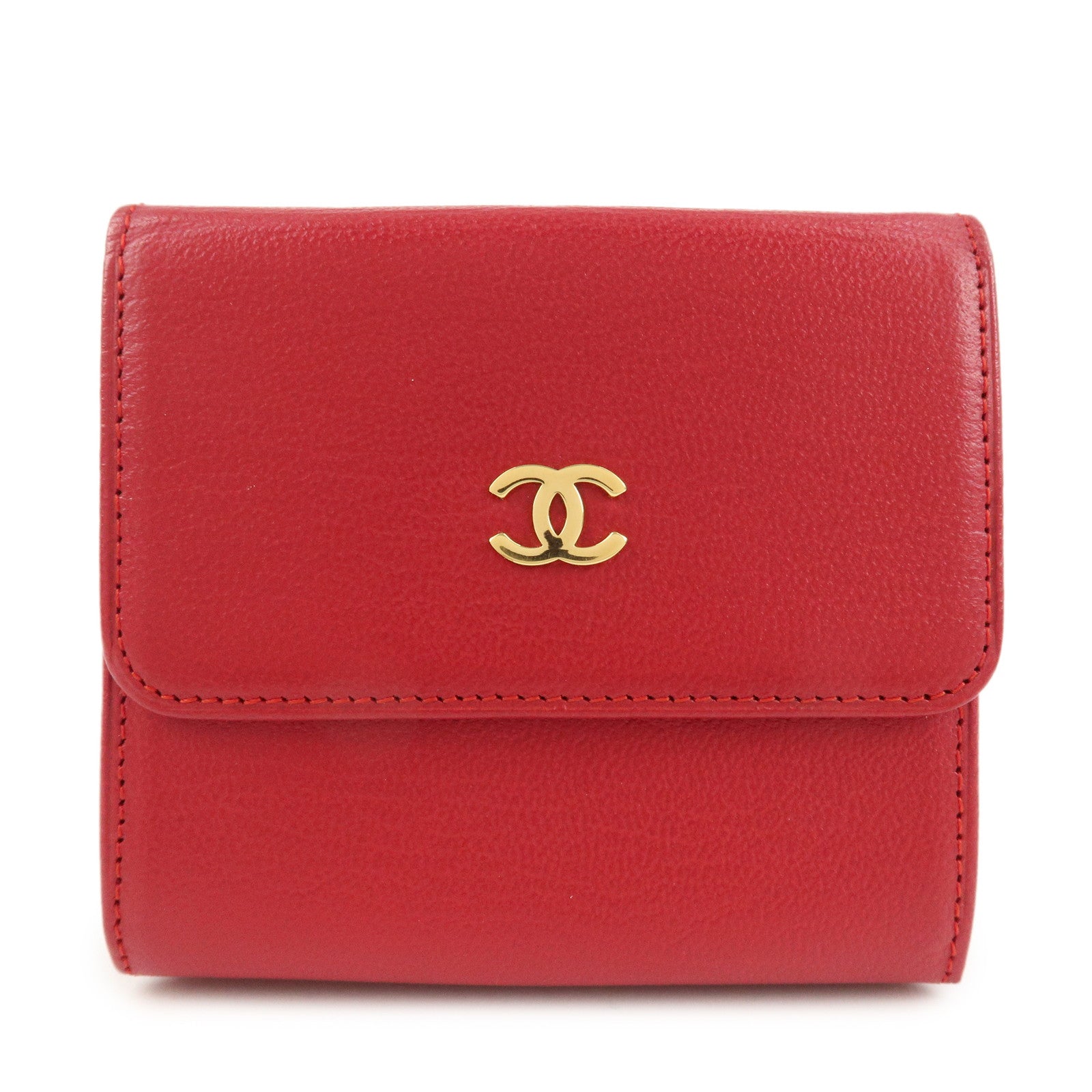 CHANEL COCO Mark Leather Tri-Fold Compact Wallet Red A13456 Used