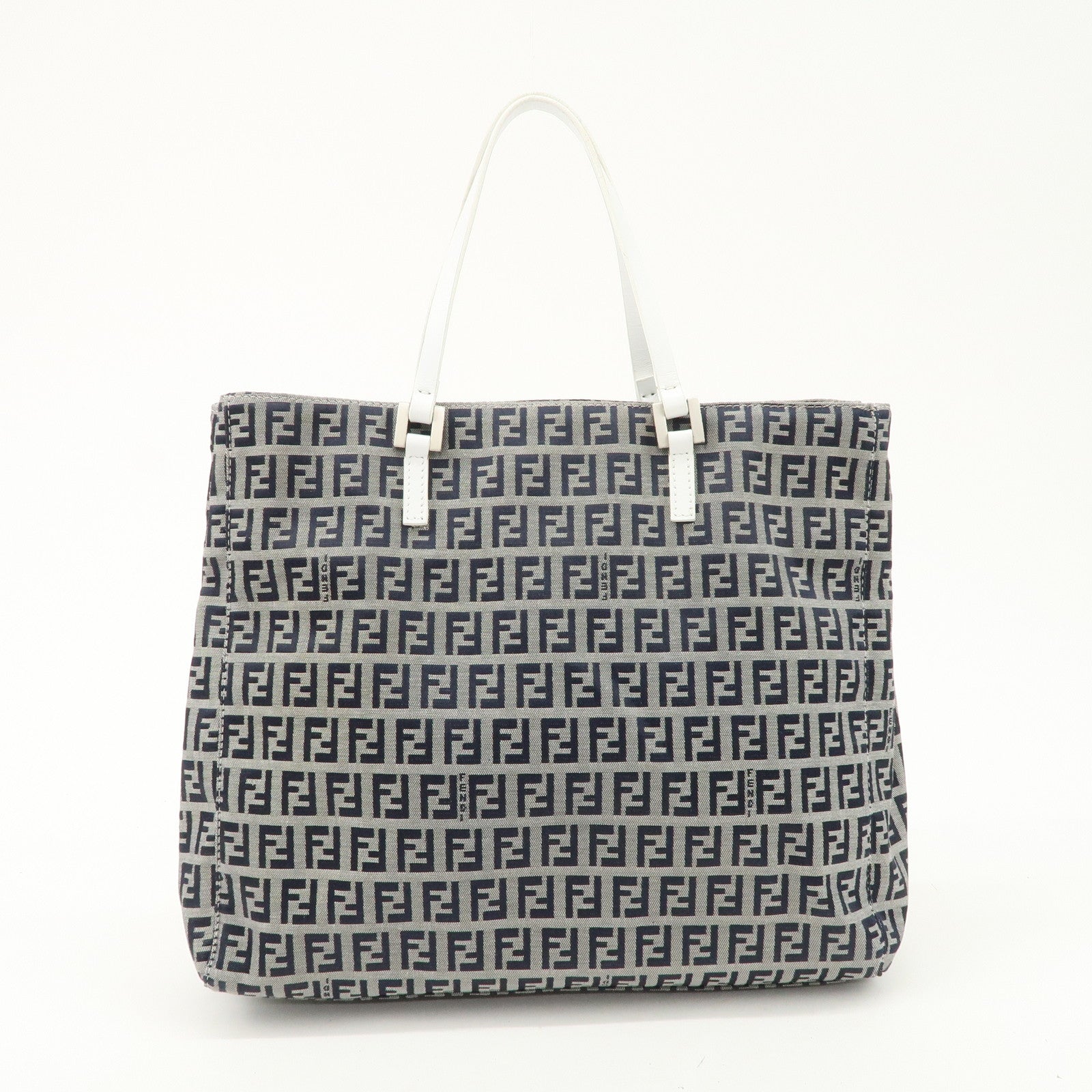 FENDI Zucchino Canvas Leather Tote Bag Hand Bag White Navy 8BH019 Used