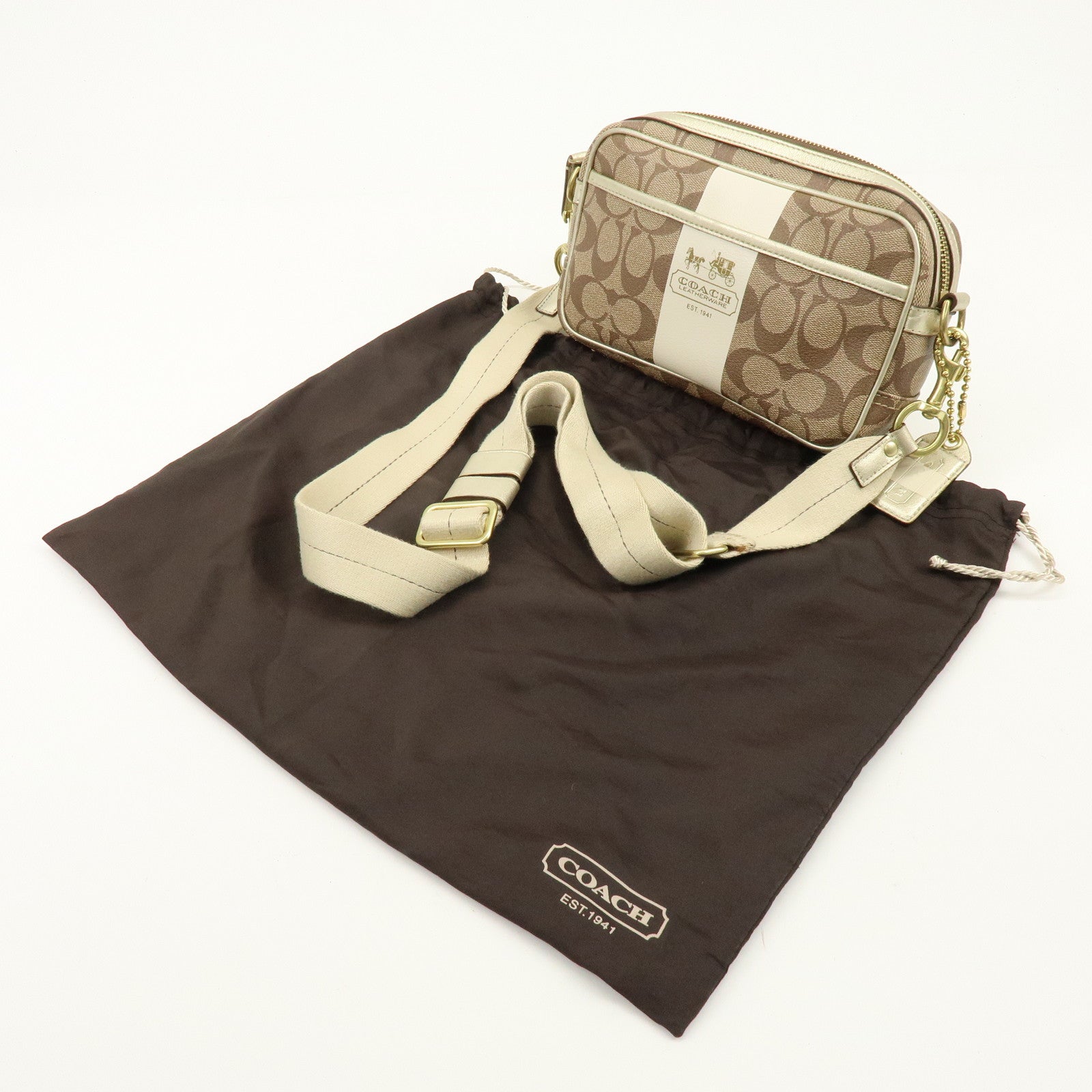 COACH Signature PVC Coated Canvas Leather Shoulder Bag Beige Gold