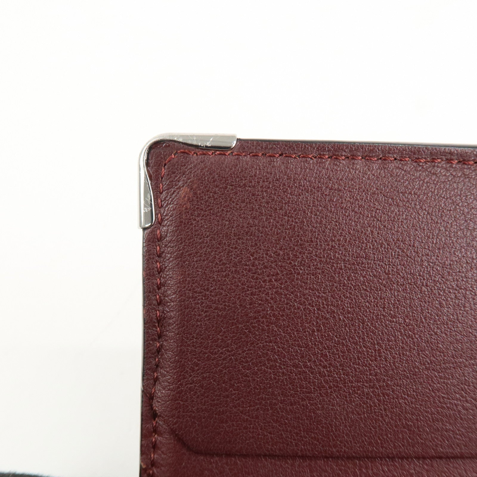 Cartier Leather Bi-fold Long Wallet Silver HDW Black Bordeaux Used