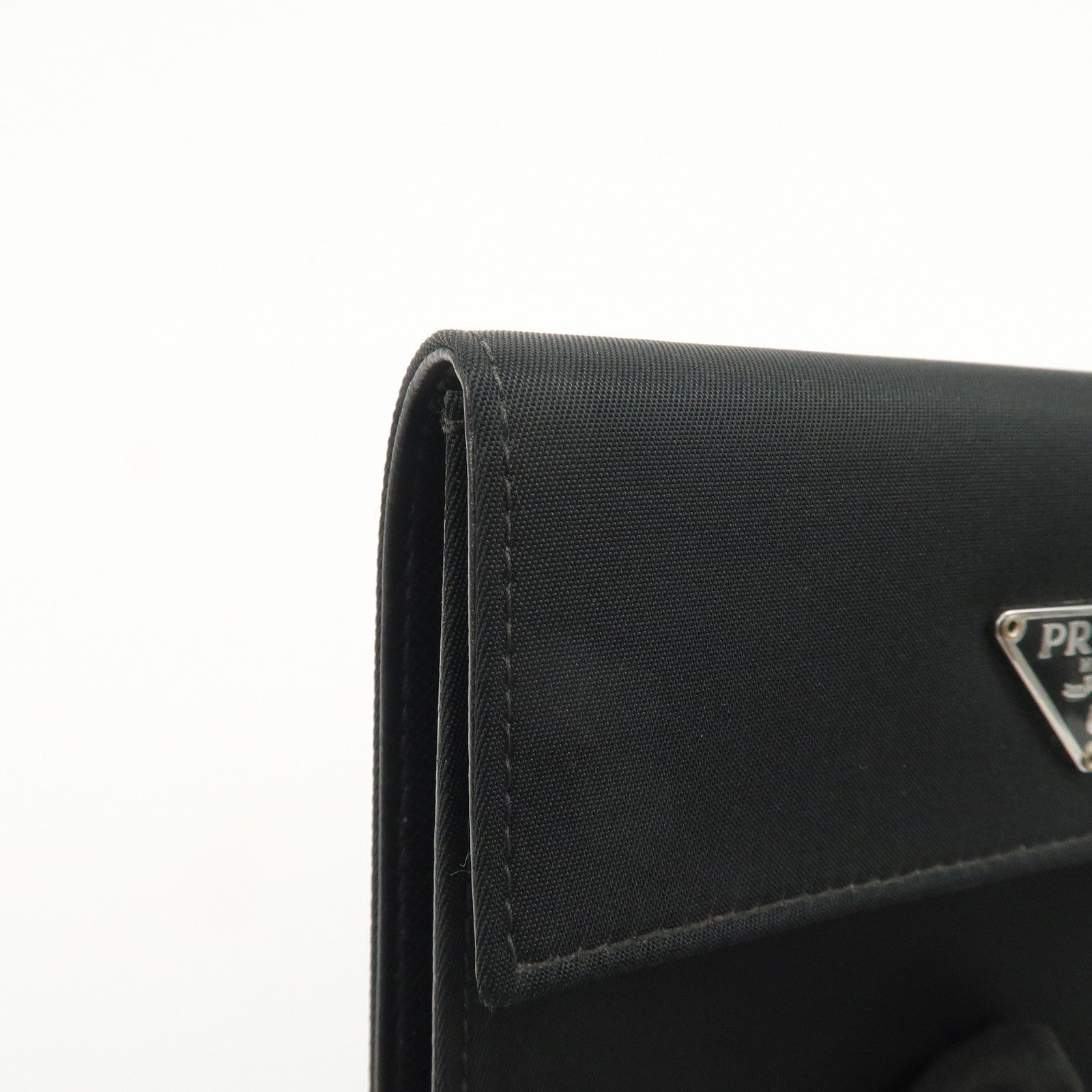 PRADA Triangle Logo Nylon Leather Tri-fold Compact Wallet Black